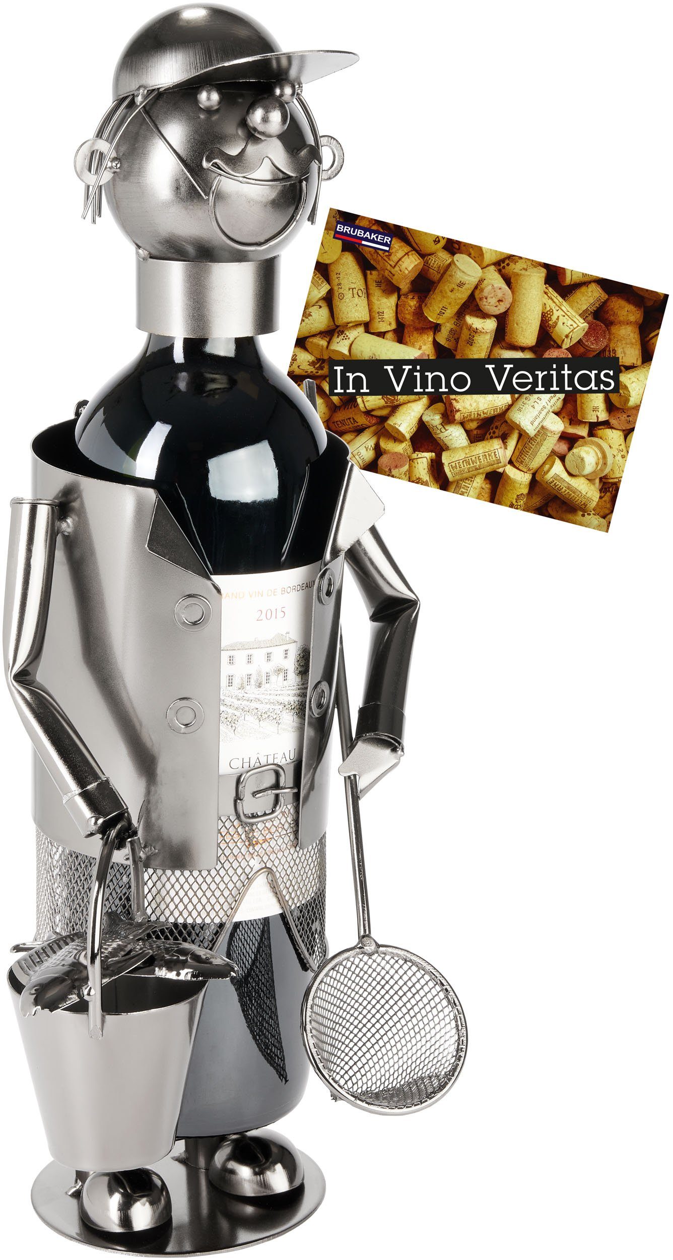 BRUBAKER Weinflaschenhalter Angler mit Kescher - Metall Flaschenhalter Angeln, (Dekoration mit Grußkarte, 1-St., Fischer Flaschenständer), 35 cm Wein Geschenk Angelsport