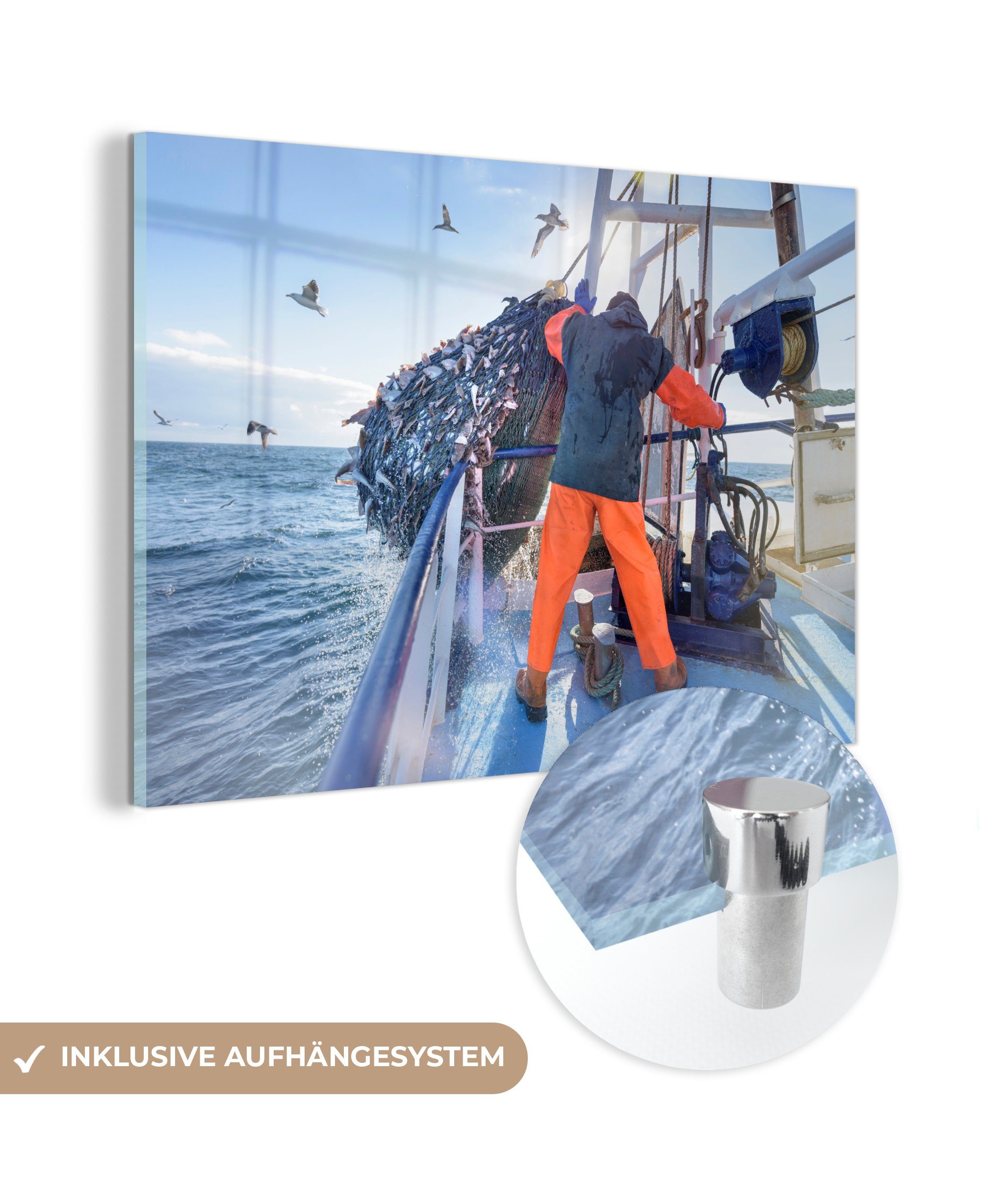 MuchoWow Acrylglasbild Ein Fischer holt ein Netz voller Fische auf einem Fischereifahrzeug, (1 St), Acrylglasbilder Wohnzimmer & Schlafzimmer