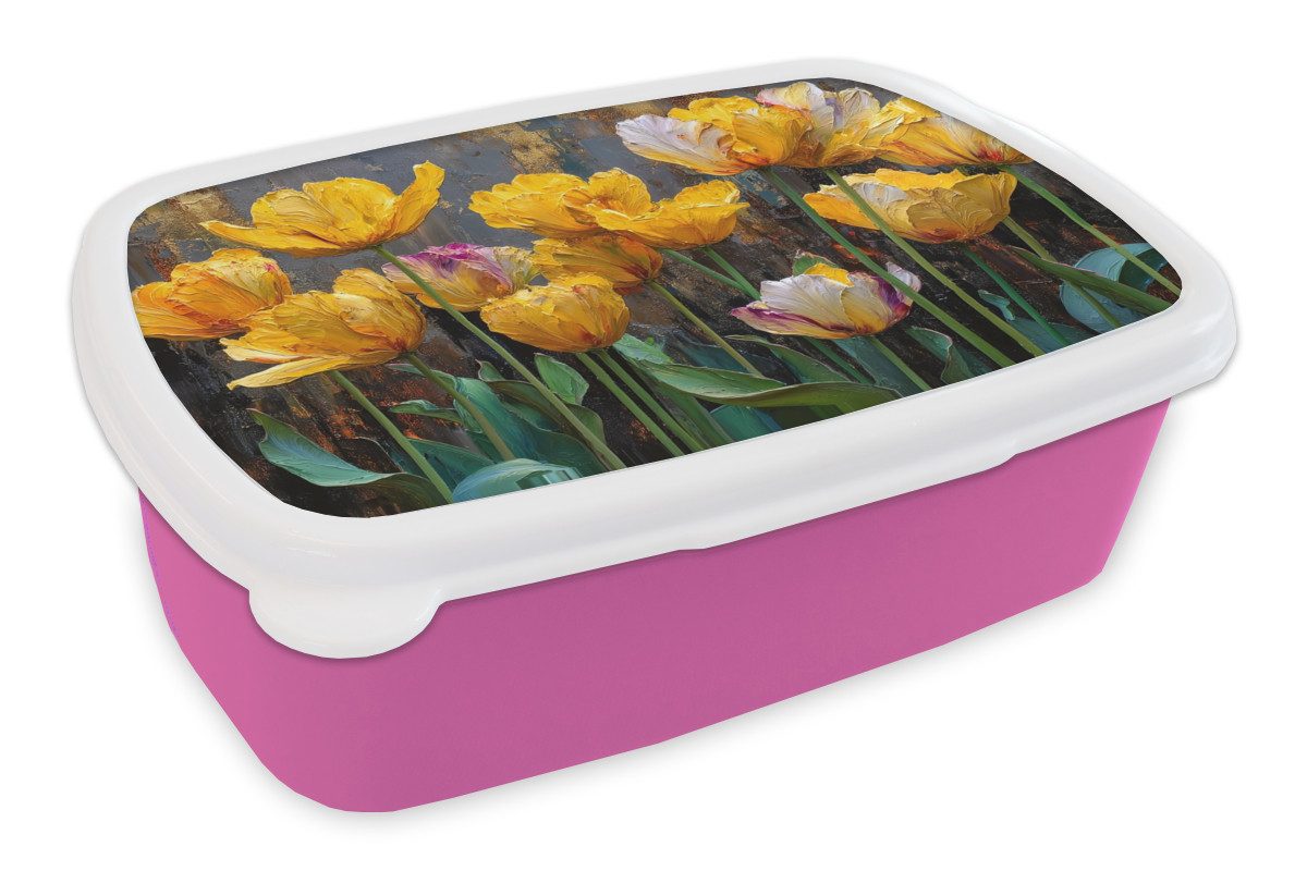 MuchoWow Lunchbox Tulpen - Gelb - Pinselstriche - Abstrakt, Kunststoff, (2-tlg), Brotdosen, Lunch Box, Brotbox für Kinder und Erwachsene