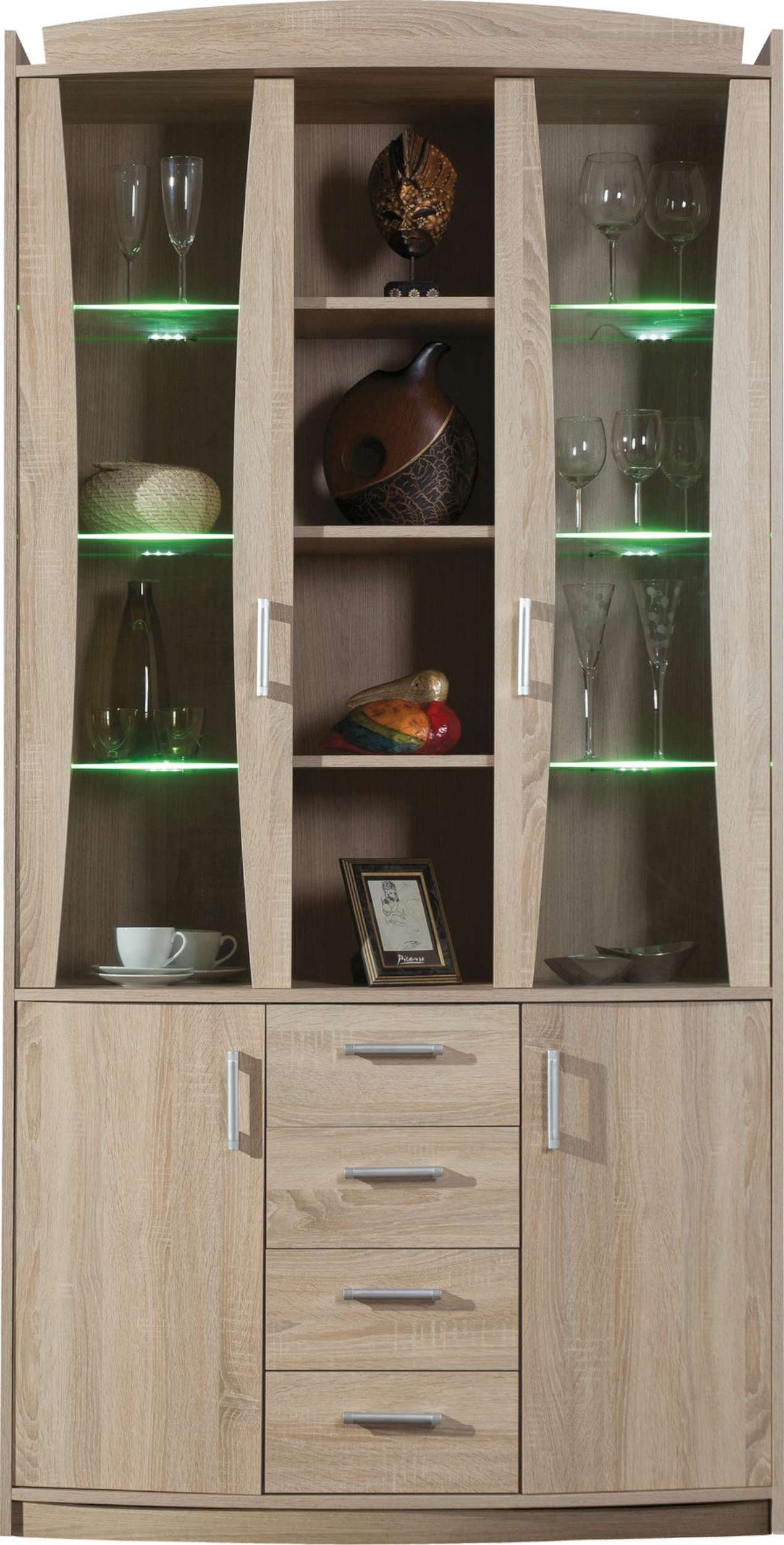 Stylefy Basil FSC-Zertifizierung, 4-türig, Modern mit (Standvitrine, Design Eiche Glaselemente, Sonoma Vitrine Glasvitrine) Schubladen,