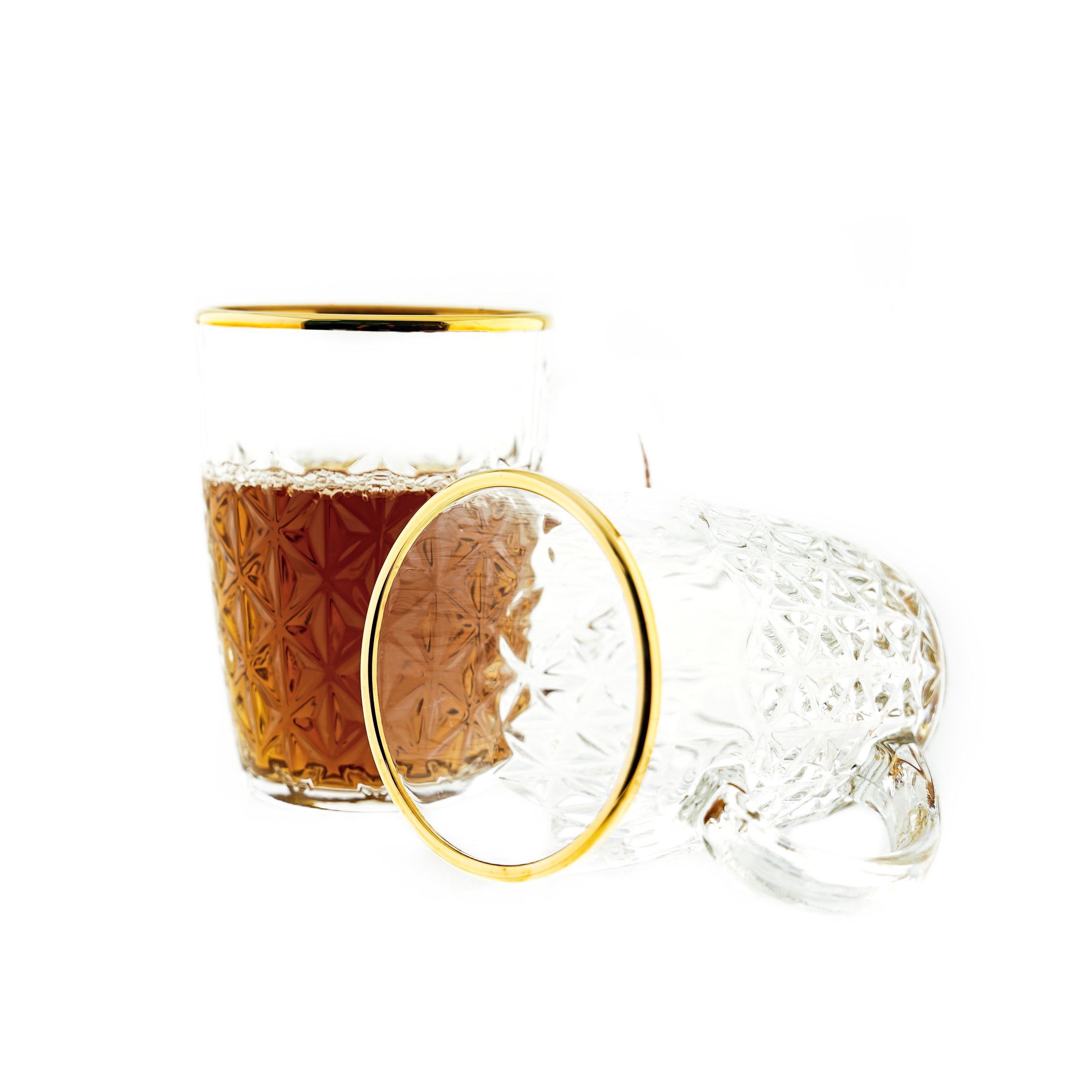 Sunay Teeglas 6er Gläser-Set mit Henkel Gold Umrandung 203 ml Transparent mit Muster, 6-tlg.