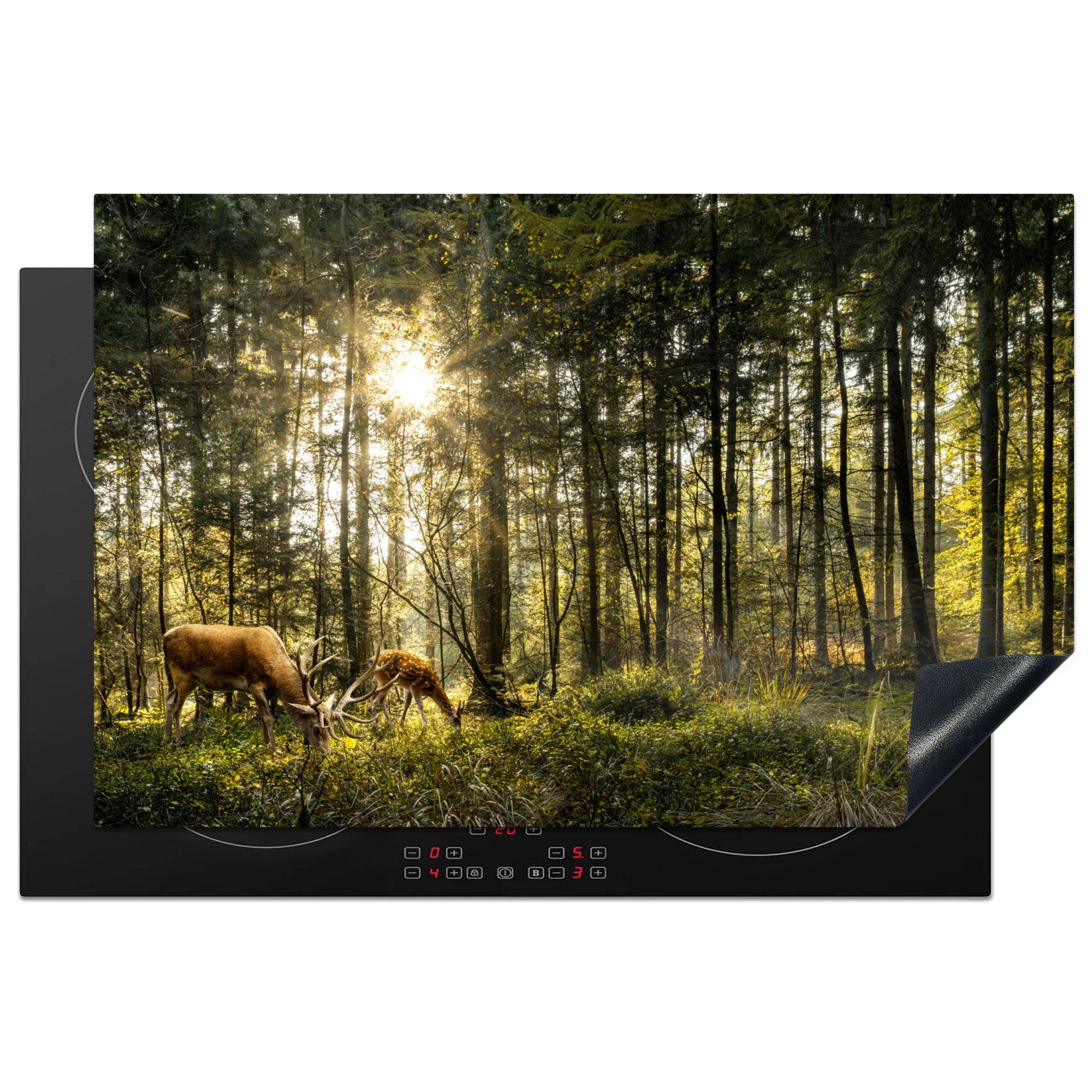 MuchoWow Herdblende-/Abdeckplatte Hirsche - Natur - Wald, Vinyl, (1 tlg), 81x52 cm, Induktionskochfeld Schutz für die küche, Ceranfeldabdeckung