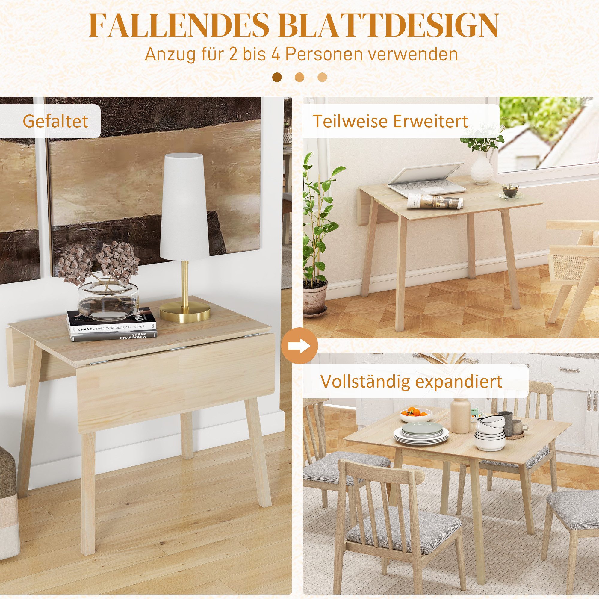 HOMCOM Klapptisch Klappbarer Esszimmertisch im Landhausstil für Kleine Räume (Küchentisch, 1-St., Esstisch), für Esszimmer, Küche, Natur – Bild 4 von 5