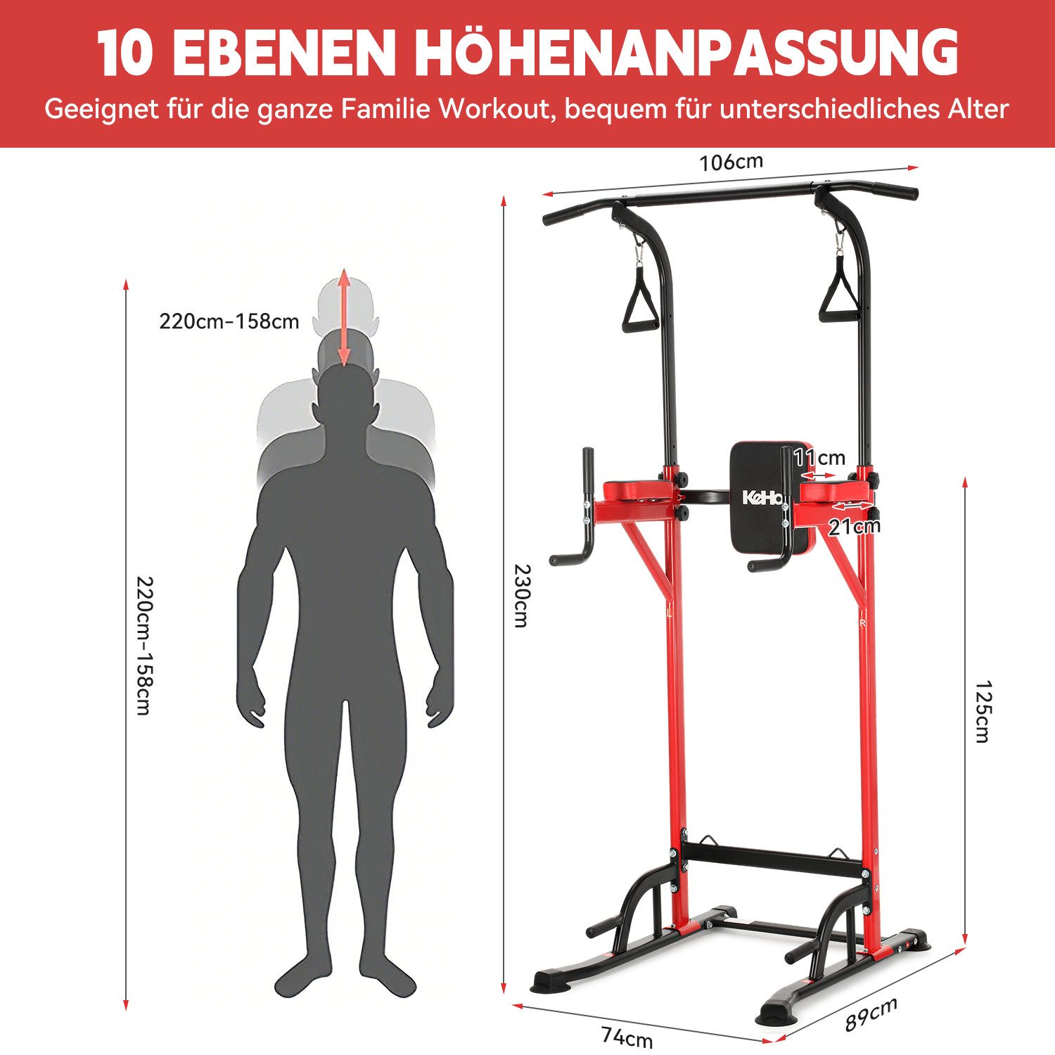 kehot Kraftstation Höhenverstellbare Klimmzugstation – Power Tower für Zuhause, (Multifunktionale Fitness-Station mit Dip-Bar und Rückenpolster, Kraftstation aus Stahlrohr für Klimmzüge, Dips & Core-Training), Pull-Up & Dip Station 190–230 cm Höhenverstellbar fürs Home-Gym