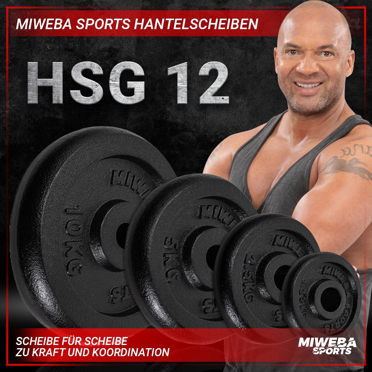 Miweba Sports Hantelscheibe Profi Gusseisen Hantelscheiben HSG - 1.25 - 10 kg, 5 kg, (4er-Set, Hantelscheibenset, Hantel Gewichte Set, Gewicht Scheiben, Muskelaufbau, Workout, Training, Ganzkörpertraining, 4-tlg., 4 x 1.25 kg, Ø 30mm, Gusseisen, 12.5 x 2.0 cm), Gewicht Scheiben Krafttraining Fitnessgerät - Fitness Hantel Zubehör