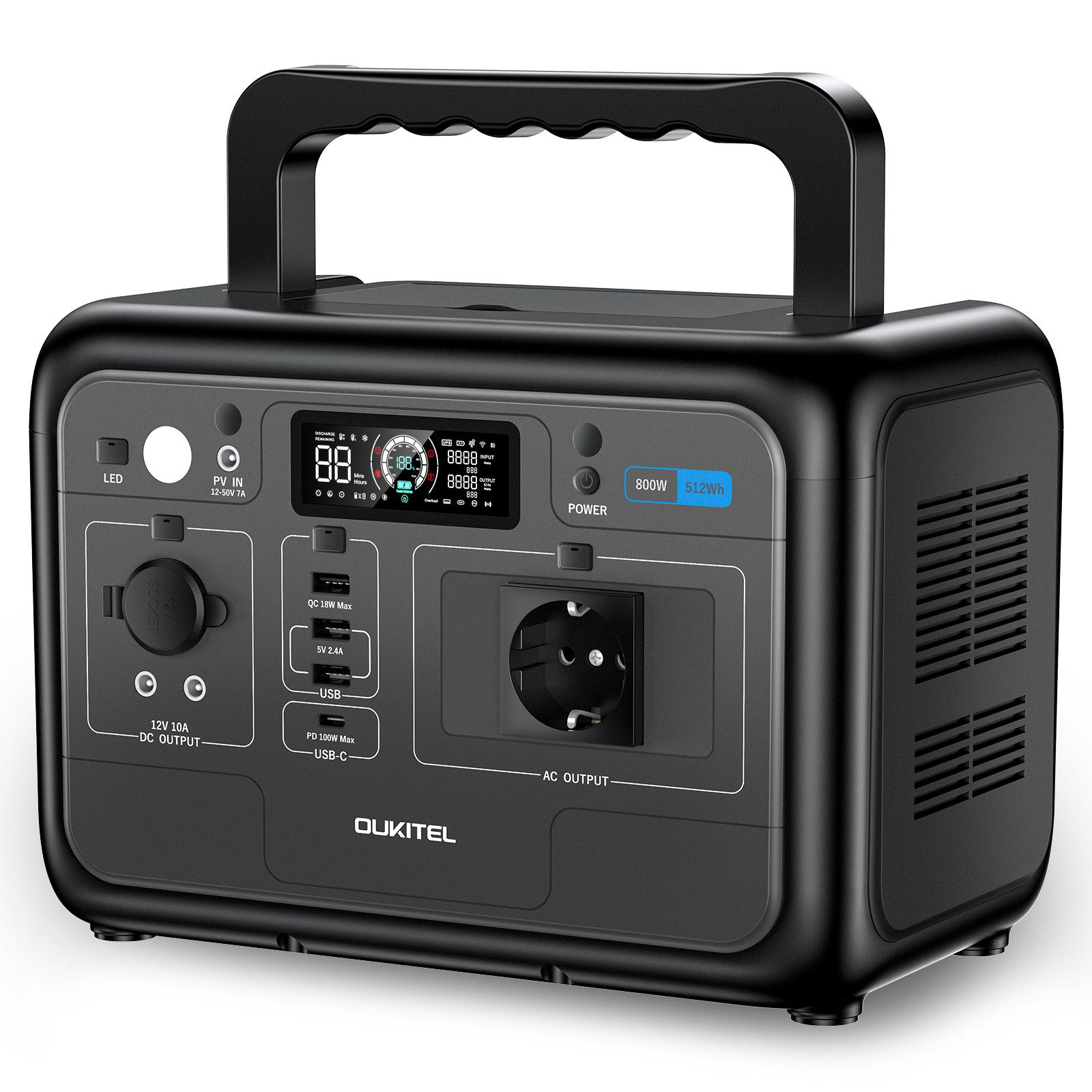 OUKITEL Stromerzeuger P800E 800W/512Wh Tragbare Powerstation, 0,8 in kW, (LiFePO4 Batterie mit 800W (1600W Peak) AC Ausgängen), PD 100W, für Camping, Reise, Stromausfall