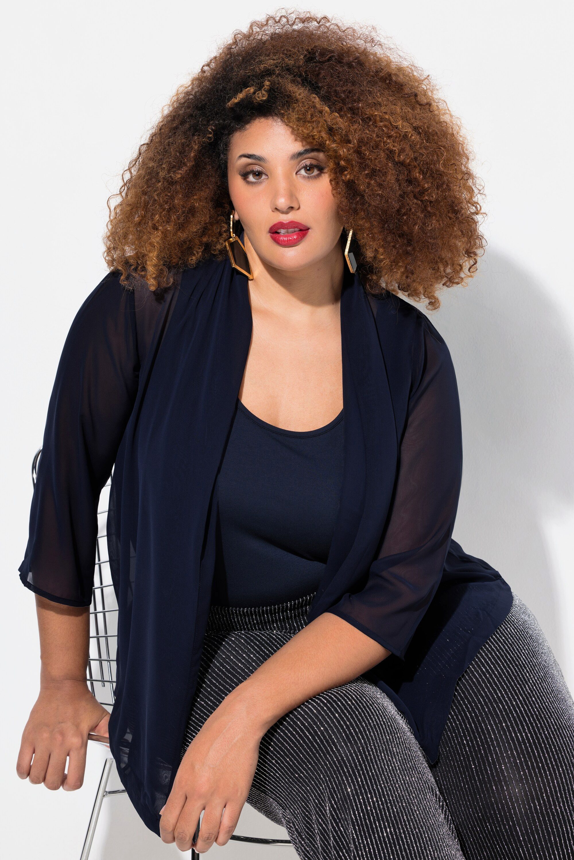 Ulla Popken Kurzjacke Chiffonjacke Oversized Schalkragen 3/4-Arm