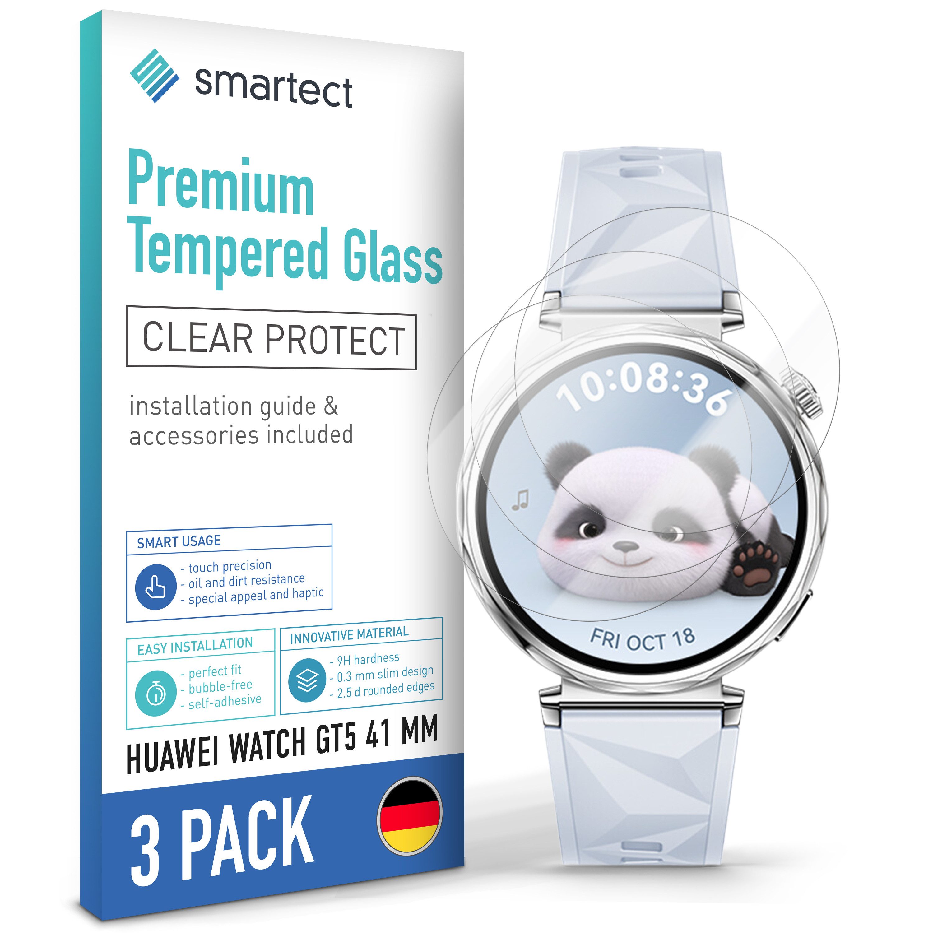 smartect Displayschutzglas 3X Schutzglas Panzerfolie Klar für Huawei Watch GT5 41 mm für Huawei Watch GT5 41 mm, Set, 3 Stück, 0.3 mm Ultra-klar, 9H Härte, Kratzfest, Stoßfest, Blasenfrei, Oleophob