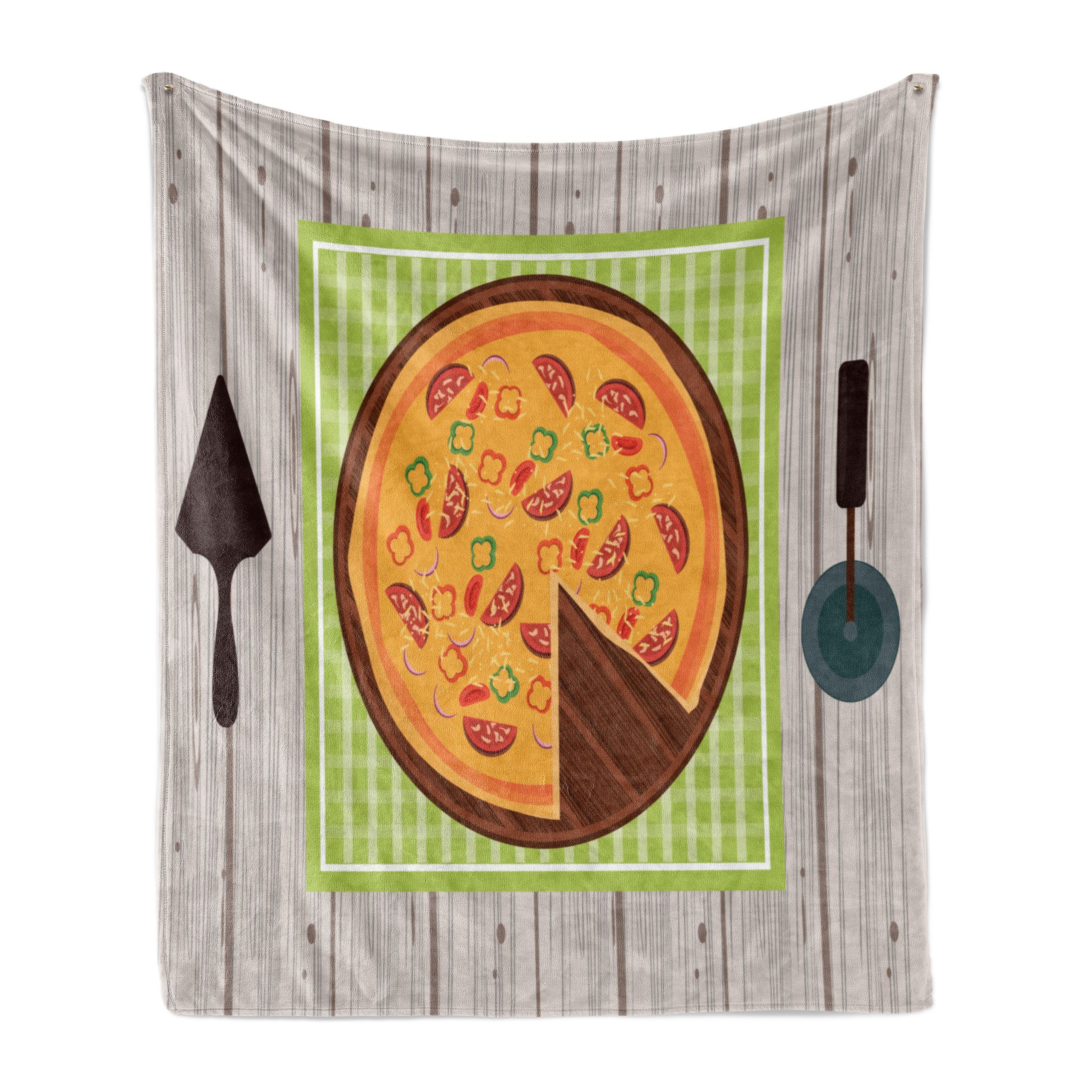 Wohndecke Gemütlicher Plüsch für den Innen- und Außenbereich, Abakuhaus, Italien Cartoon Pizza auf Holztisch | Wohndecken