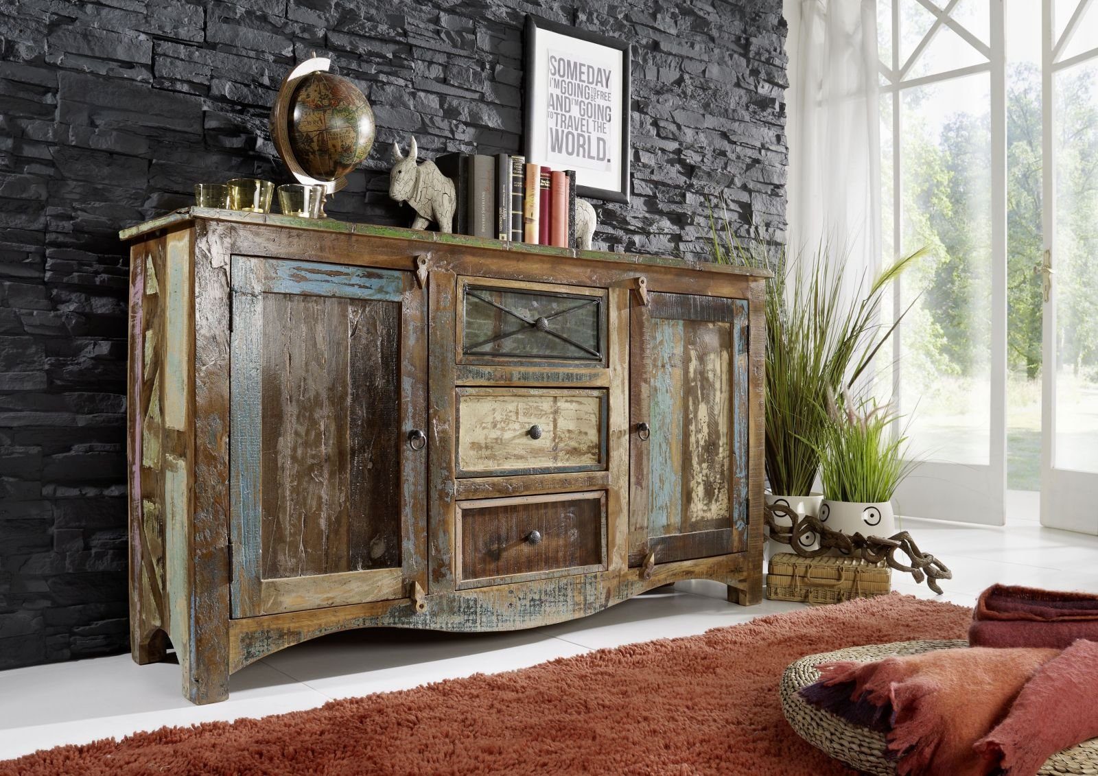 Massivmoebel24 Sideboard Sideboard Altholz 150x38x85 mehrfarbig lackiert NATURE OF SPIRIT #05