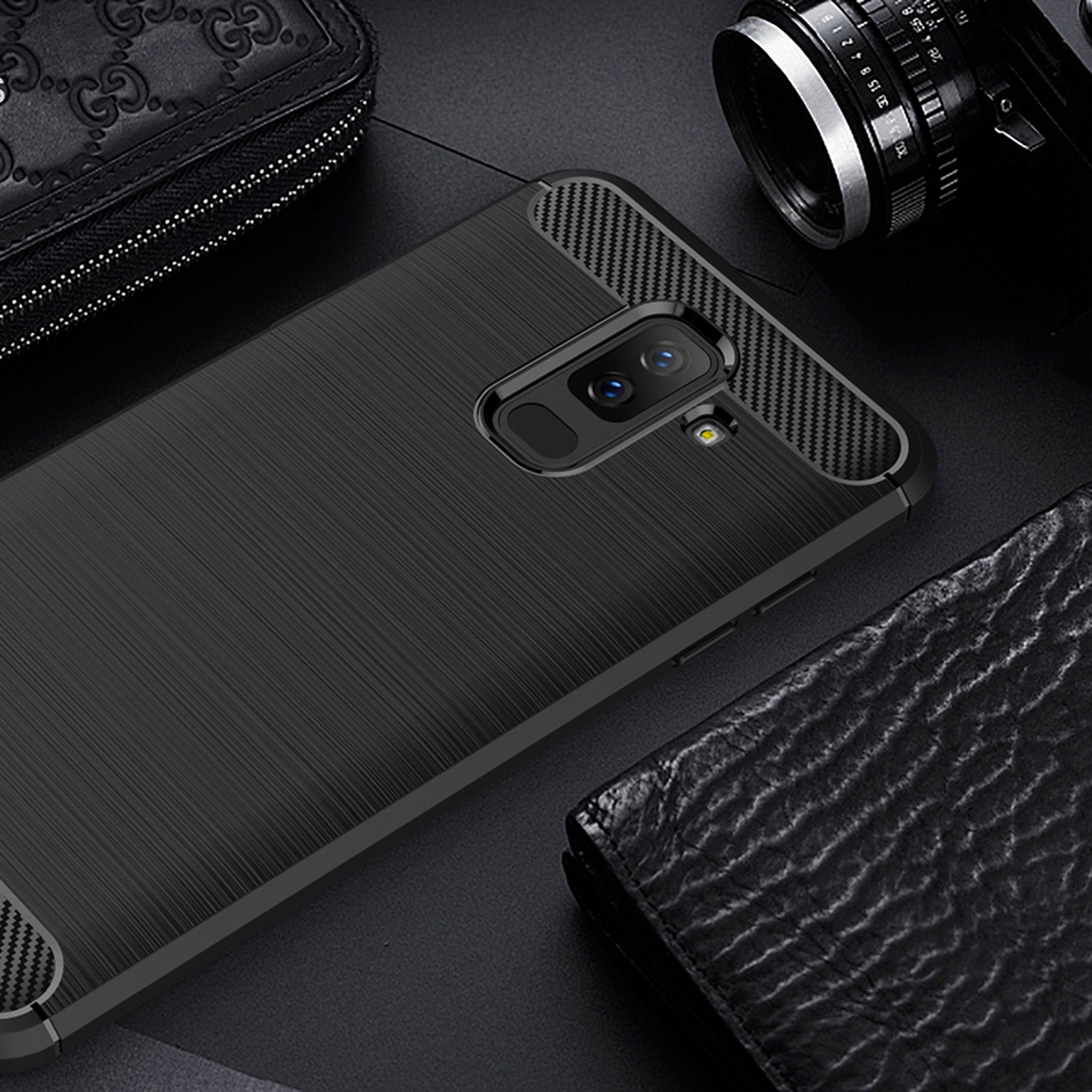 Nalia Smartphone-Hülle Samsung Galaxy A6 Plus 15,2 cm (6 Zoll), Carbon Look Silikon Hülle / Matt Schwarz / Rutschfest / Karbon Optik