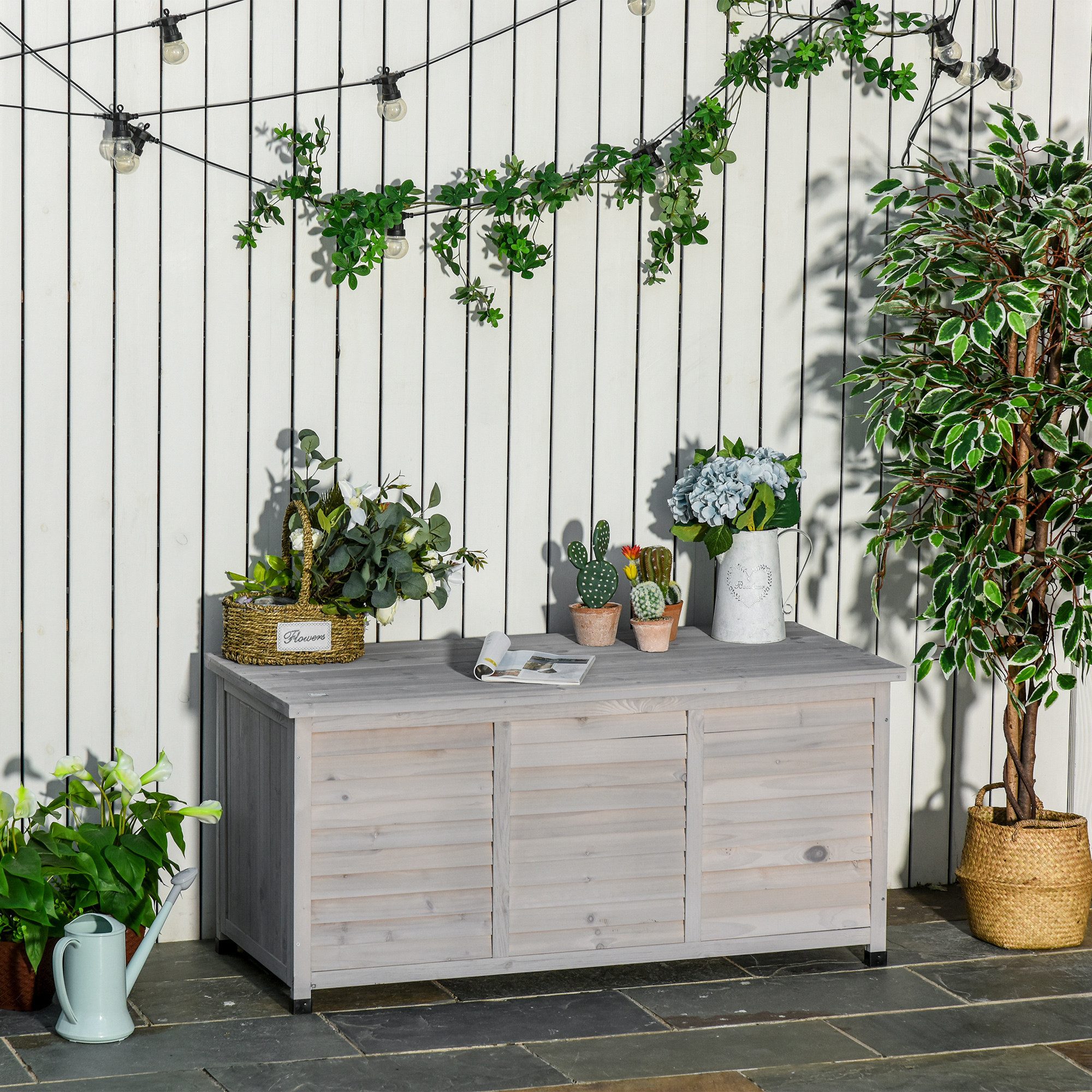 Outsunny Geräteschrank Aufbewahrungsbox, Gartentruhe, wetterbeständig, Massivholz (Kissenbox, 1-St., Gartenbox) für Garten, Balkon, Hellgrau
