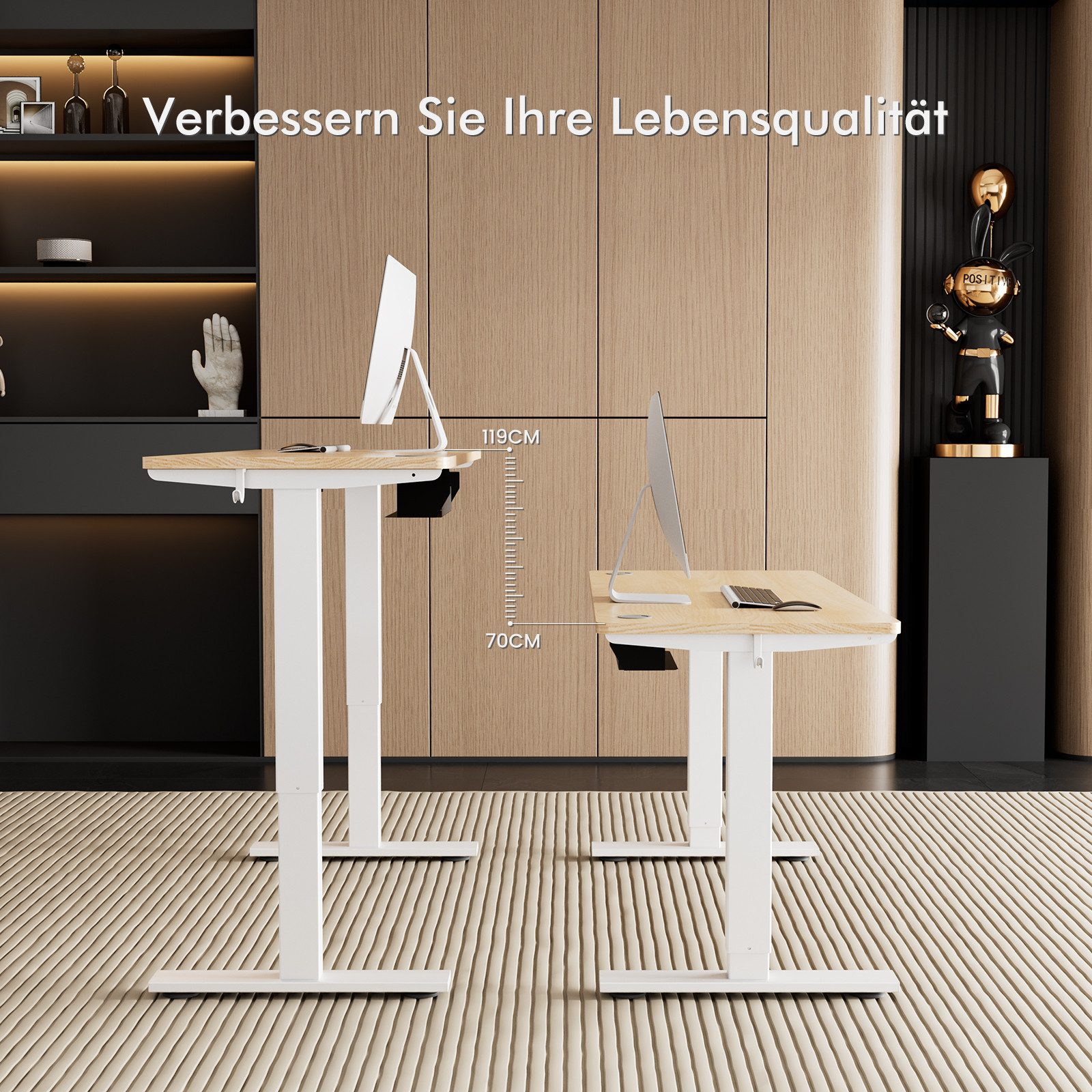 HOMAVO Schreibtisch Höhenverstellbarer schreibtisch mit Memory- und Rebound-Funktion (Sitz-Steh-Erinnerung), inkl. Kabelwanne & USB/Typ-C-Anschlüssen, Tischplatte 18 mm