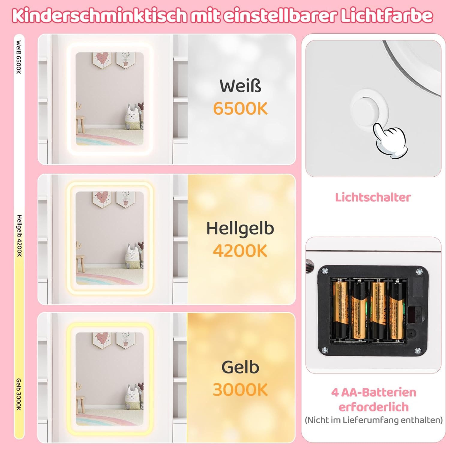 TLGREEN Schminktisch LED-beleuchteter Schminktisch für Mädchen mit Spiegel (Kinderschminktisch, 95cm großer Stauraum Schreibtisch Kinder, 5 Schubladen Spieltisc – Bild 3 von 5