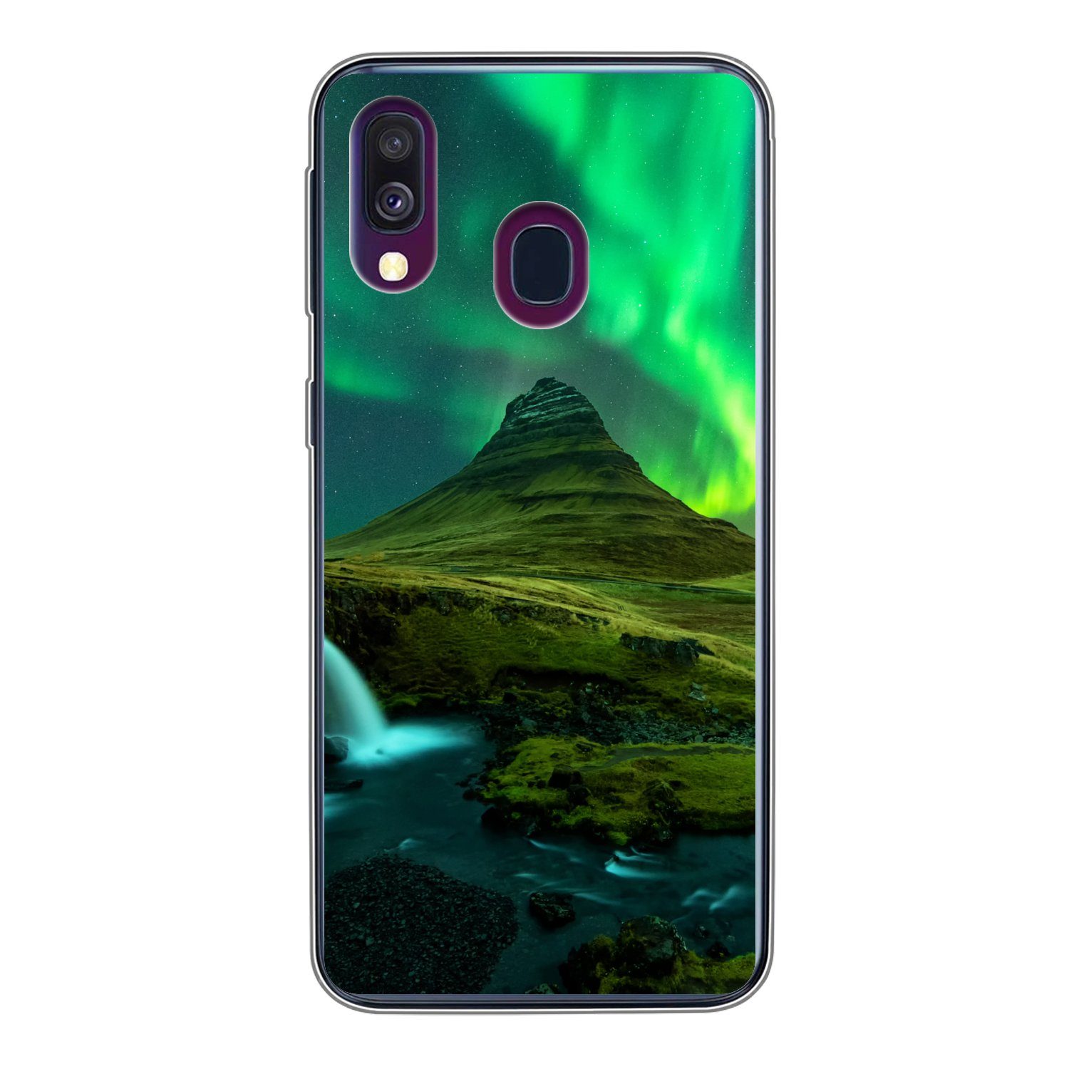 MuchoWow Handyhülle für Samsung Galaxy A40 Nordlichter - Wasserfall - Berg - Island, Smartphone-Bumper, Print, Handy Schutzhülle Dünn