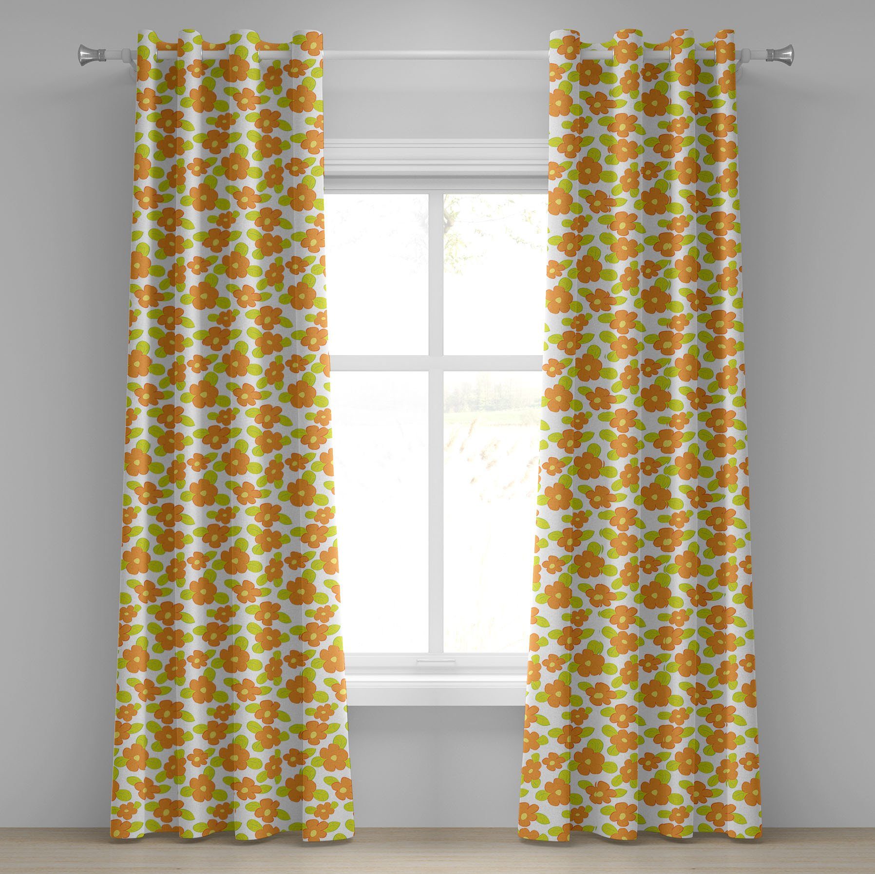Gardine Dekorative 2-Panel-Fenstervorhänge für Schlafzimmer Wohnzimmer, Abakuhaus, Orange Kind-Mädchen-Doodle Floral