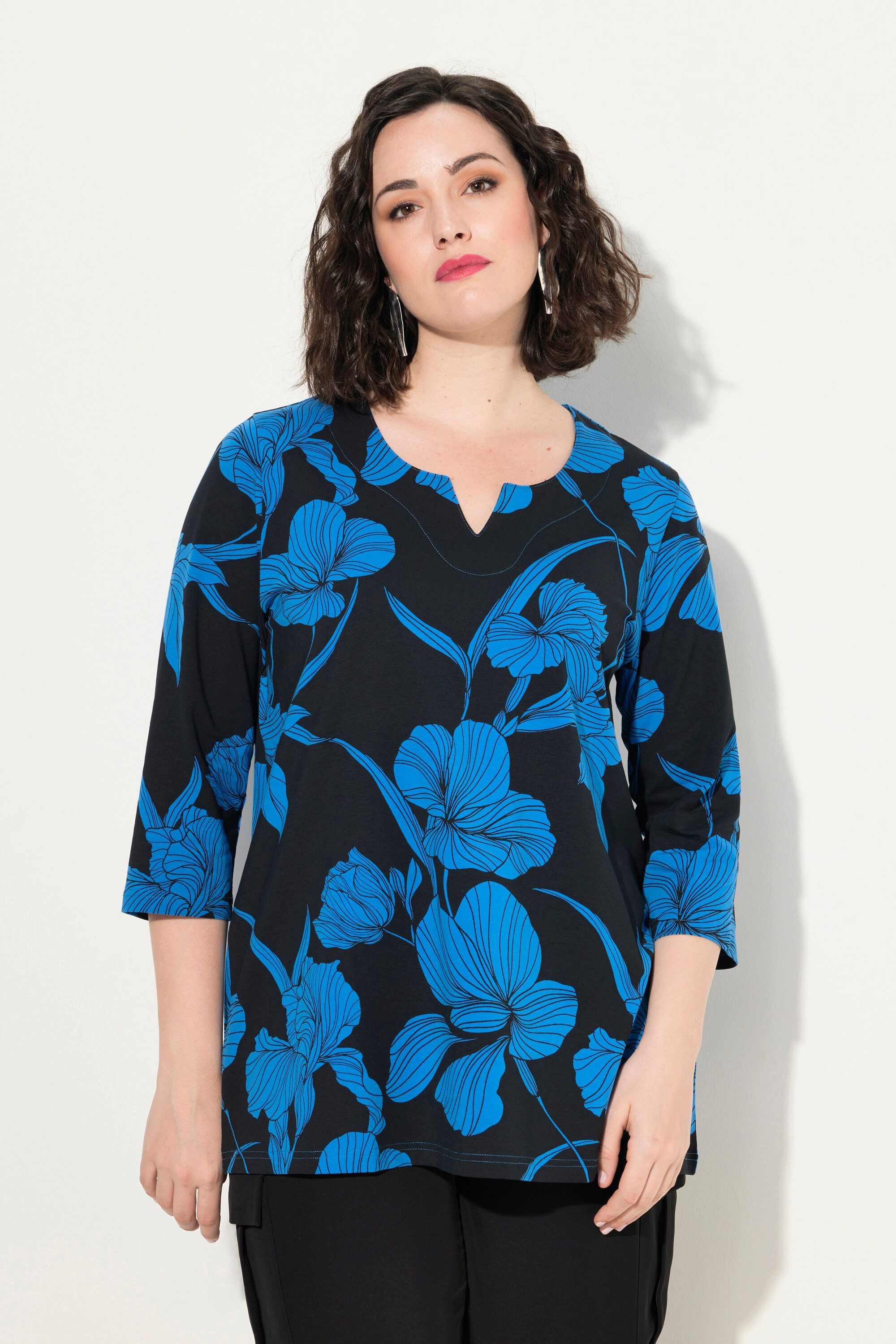 Ulla Popken T-Shirt Shirt Blüten A-Linie Tunika-Ausschnitt 3/4-Arm günstig online kaufen