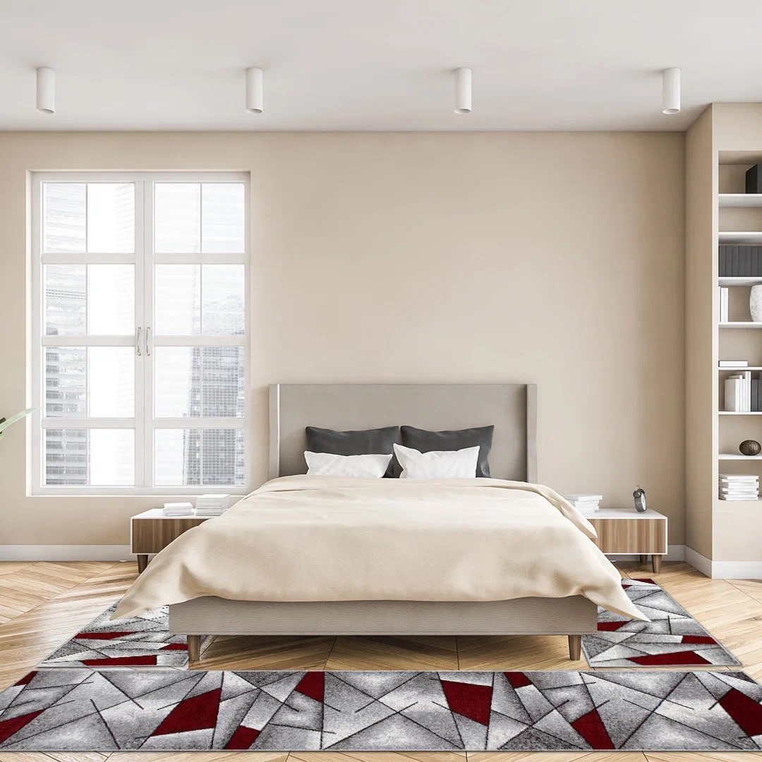 oKu-Tex Bettumrandung 3 teilig, Läufer (67 x 340 cm) + Brücken (2 x 67 x 140 cm), Kurzflor, (Set 3 teilig, 3-tlg), Teppich Schlafzimmer Bettvorleger Set schmal gewebt rot meliert