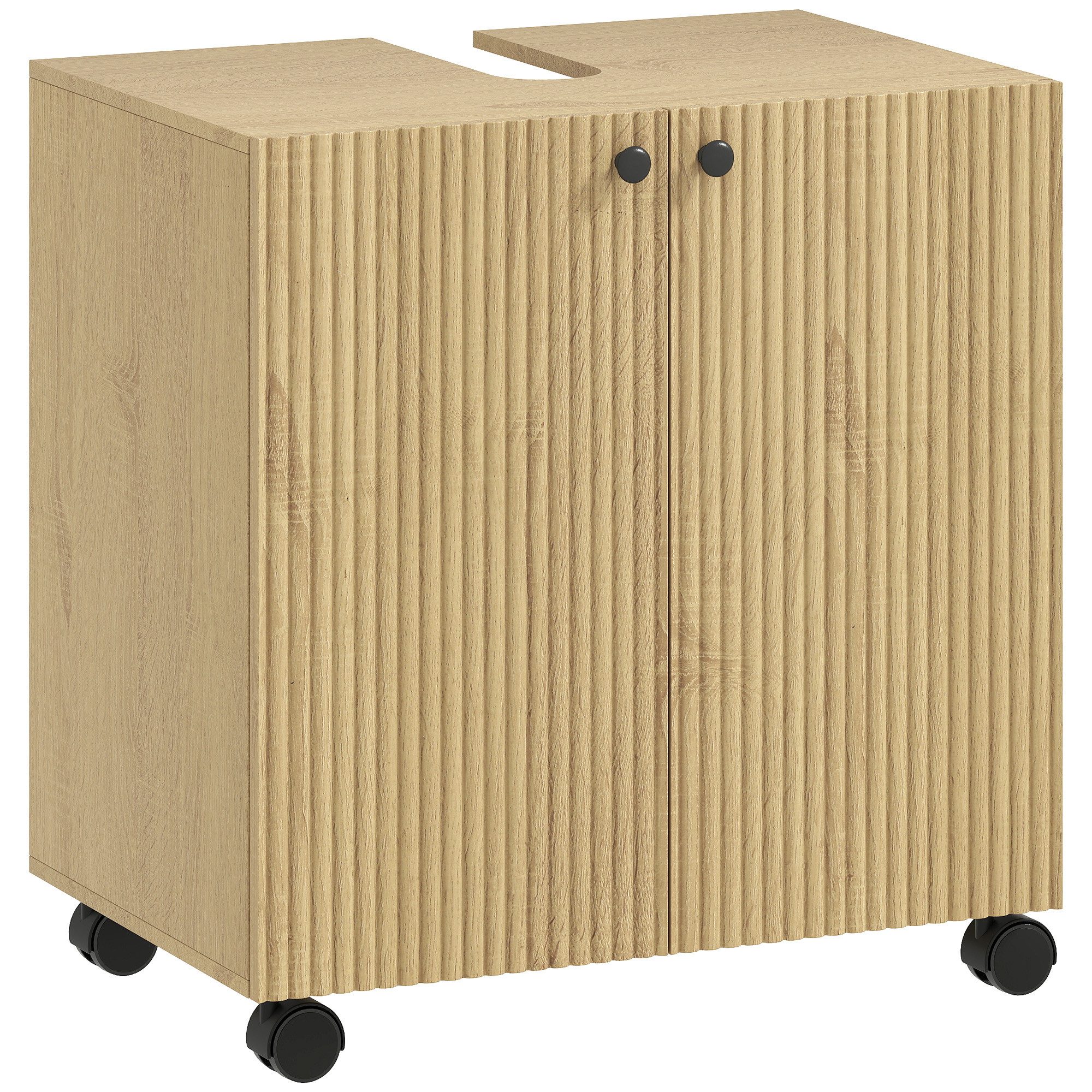 HOMCOM Waschbeckenunterschrank Waschtischunterschrank, Badschrank mit Rolle, Soft-Close Türen (Badezimmerschrank, 1-St., Unterschrank) für Badezimmer, Eiche – Bild 2 von 5