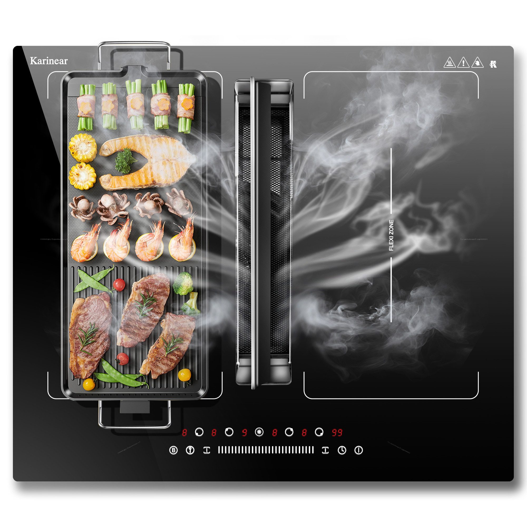 Karinear Induktions-Kochfeld mit Dunstabzug, Induktion Kochfeld 60 cm, mit Booster, Timer, Pause, 7200W, 4 Platten und 145 W Dunstabzugshaube, 220-240V, Kein Stecker