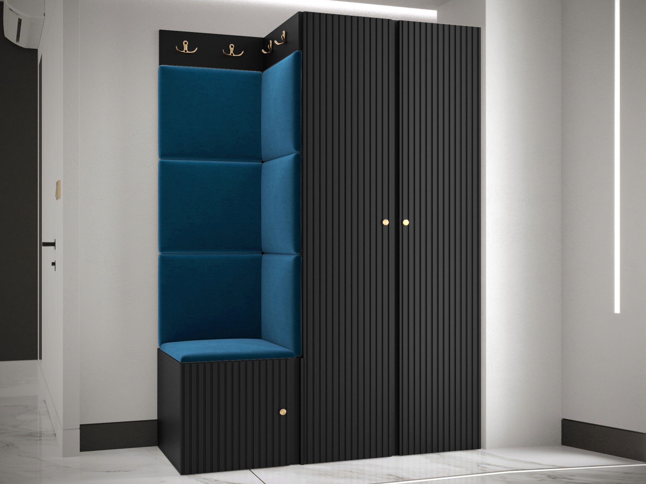 MIRJAN24 Garderoben-Set Orion Ryfel Slim XXIII, (Kleiderschrank, Schuhschrank, Kleiderhakenbrett, 7x Paneel 42x42), 8 Kleiderhaken für Kleidung, Metallgriffe