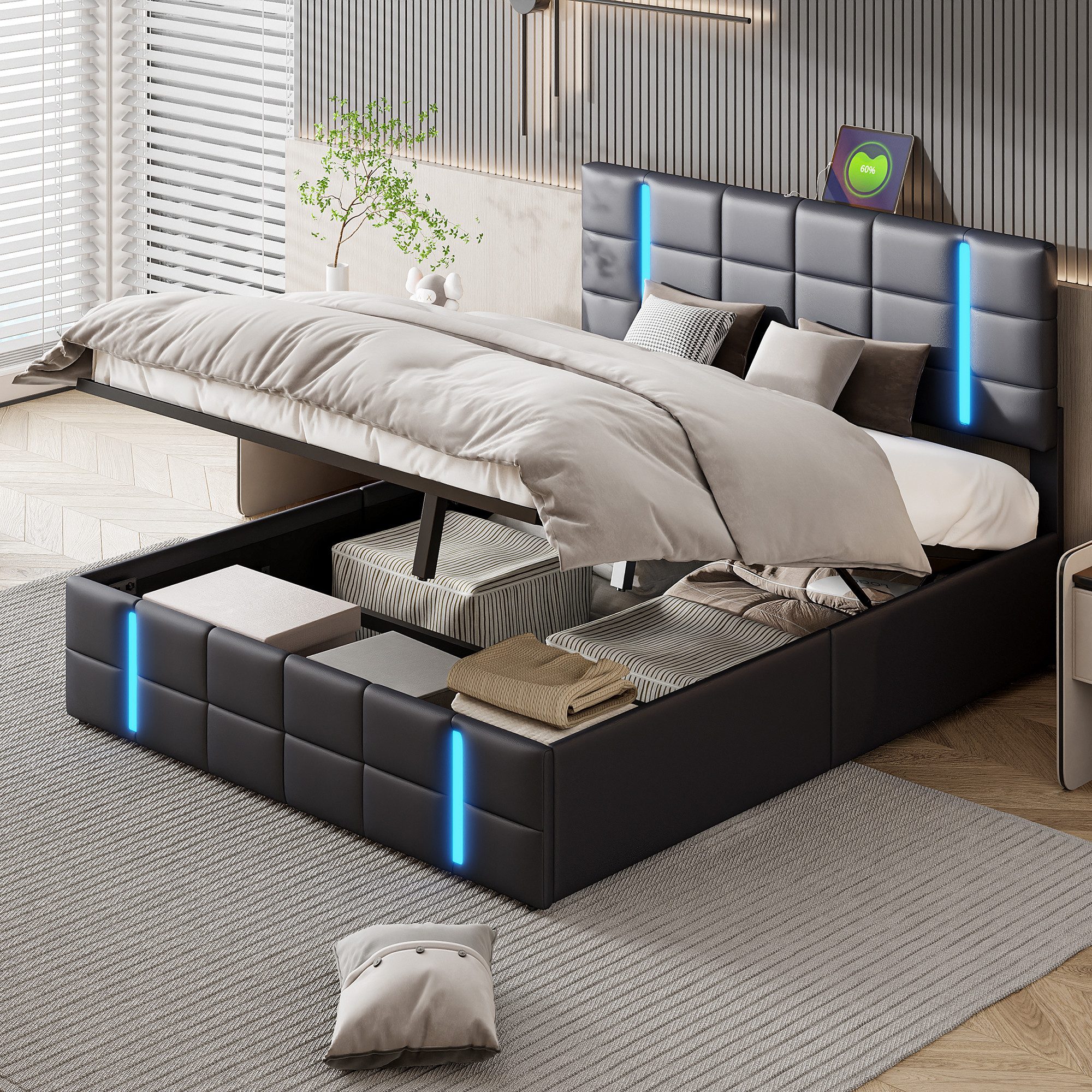 FUROKOY Stauraumbett Polsterbett Doppelbett mit LED-Beleuchtung Kopfteil (B günstig online kaufen