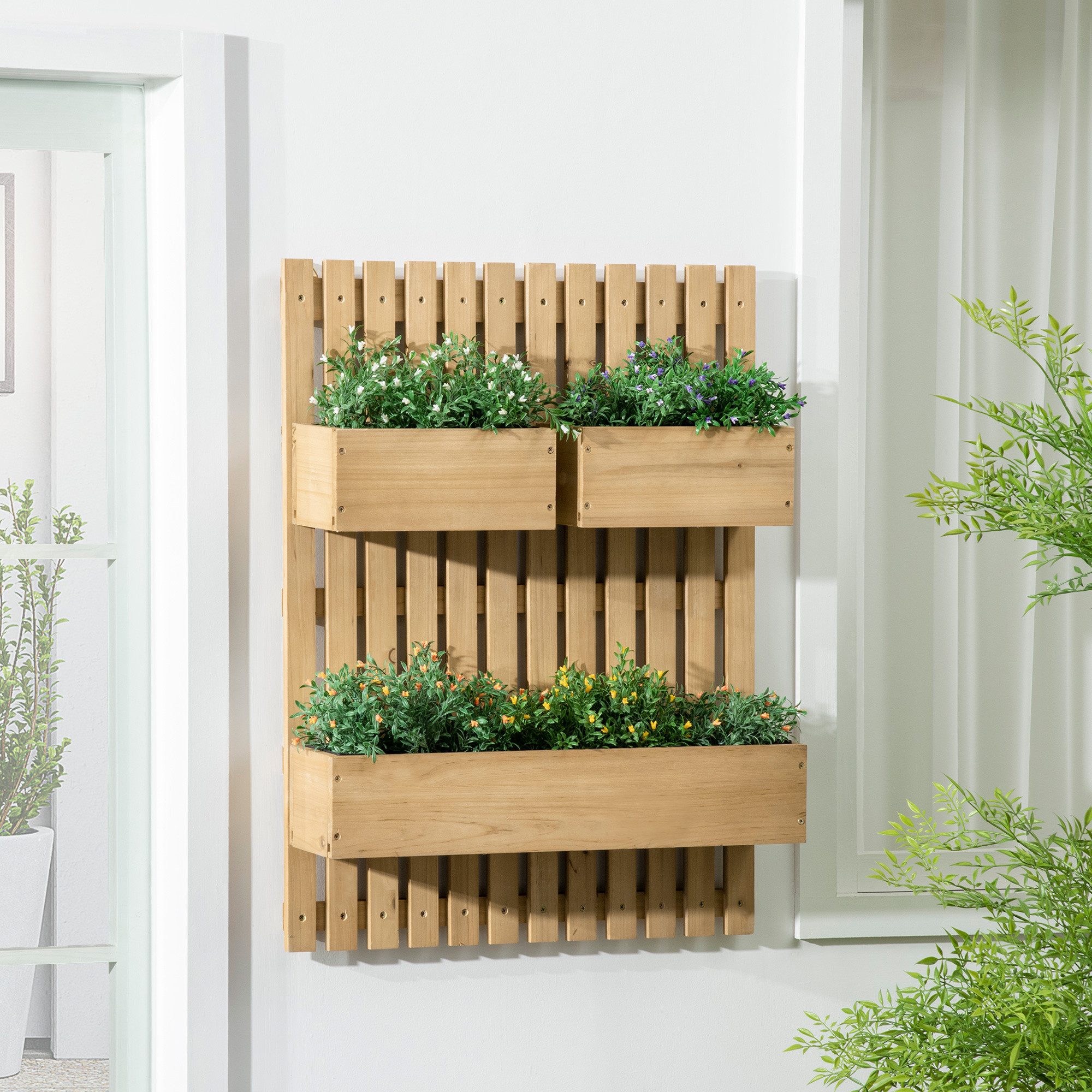 Outsunny Hochbeet Pflanzbeet Frühbeet, Wand, Pflanzkasten 60x16x80cm für Terrasse (Blumenkasten, 1 St., Gemüsebeet), für Garten, Balkon, Naturholz
