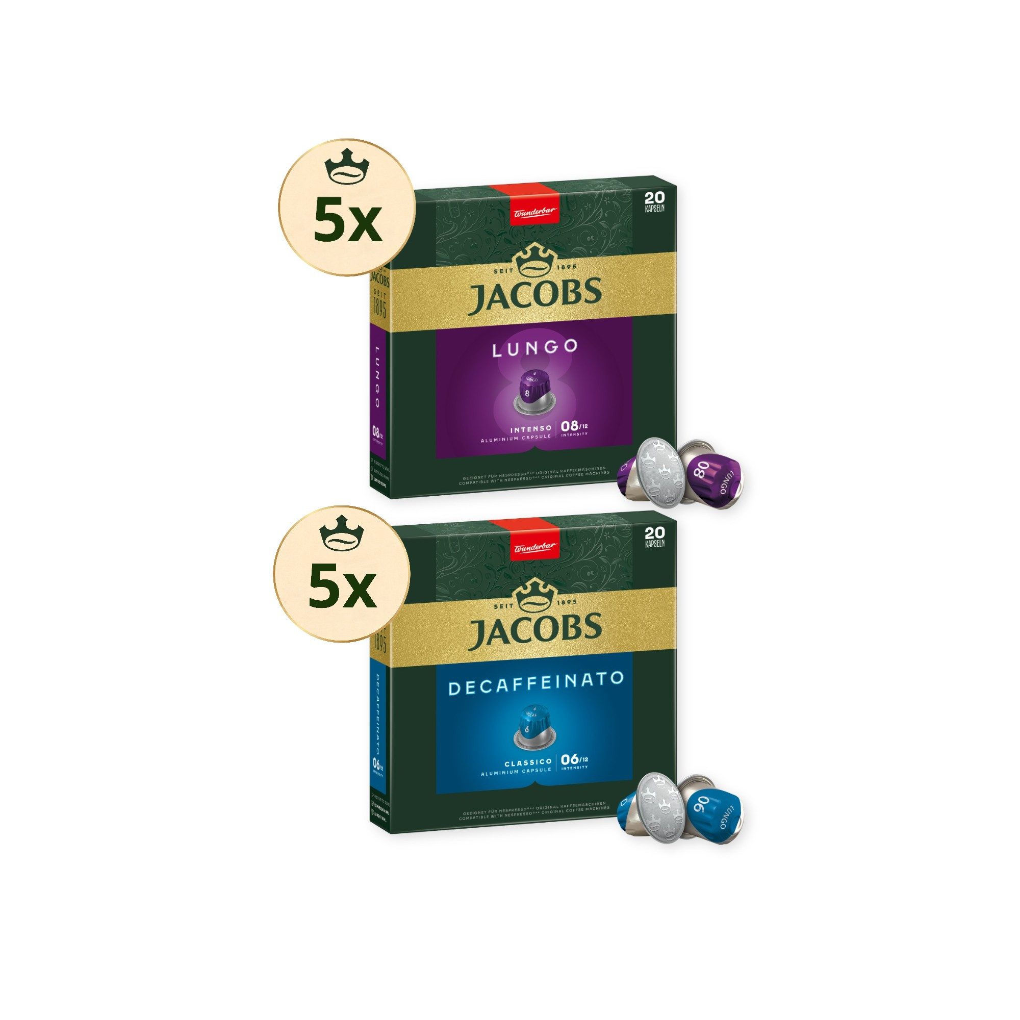 JACOBS Kaffee Kapseln je 100 Lungo 8 Intenso & Decaffeinato 6 Nespresso®* kompatibel, (Packung, 10er Pack)