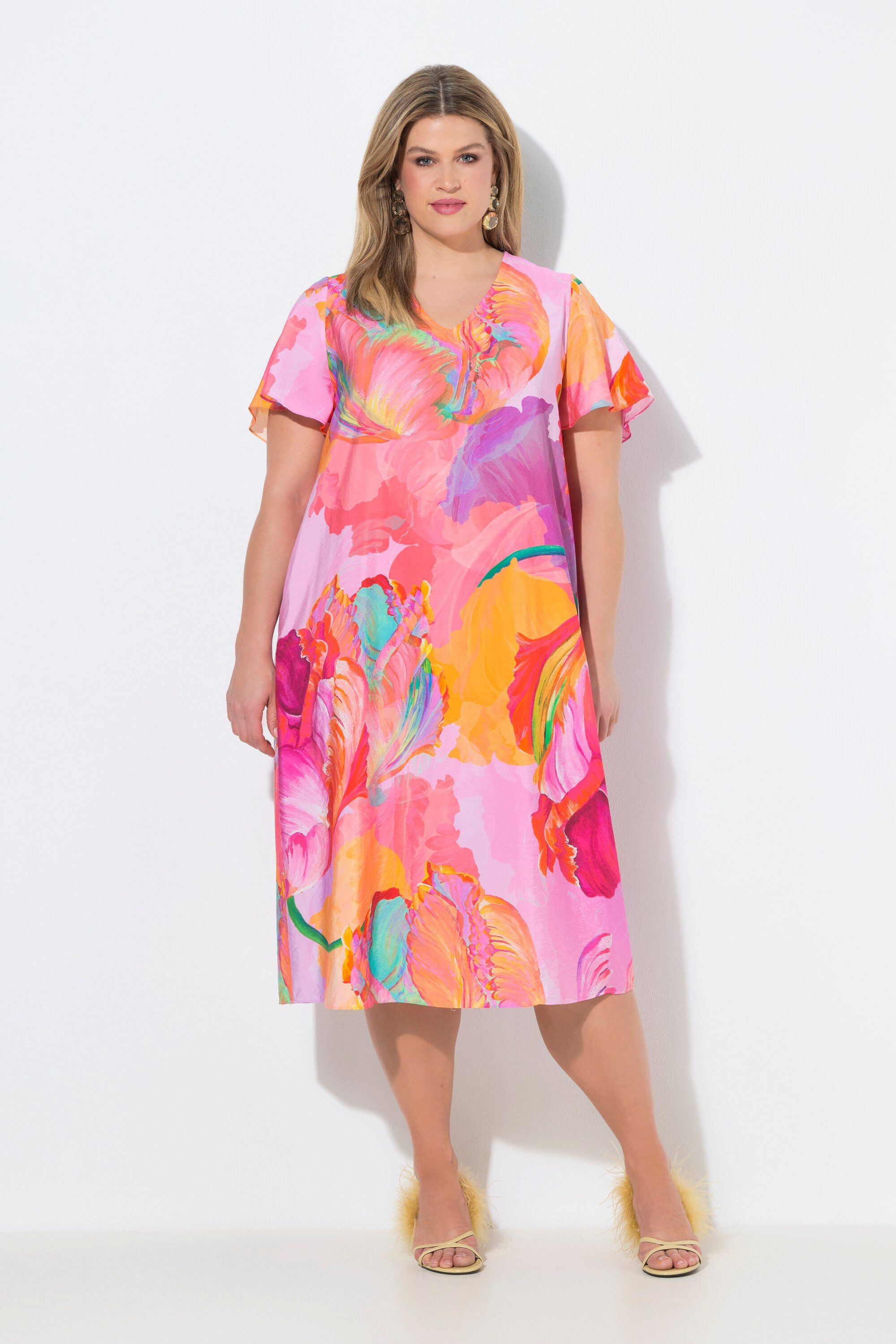 Ulla Popken Maxikleid Satin-Midikleid Blüten A-Linie V-Ausschnitt