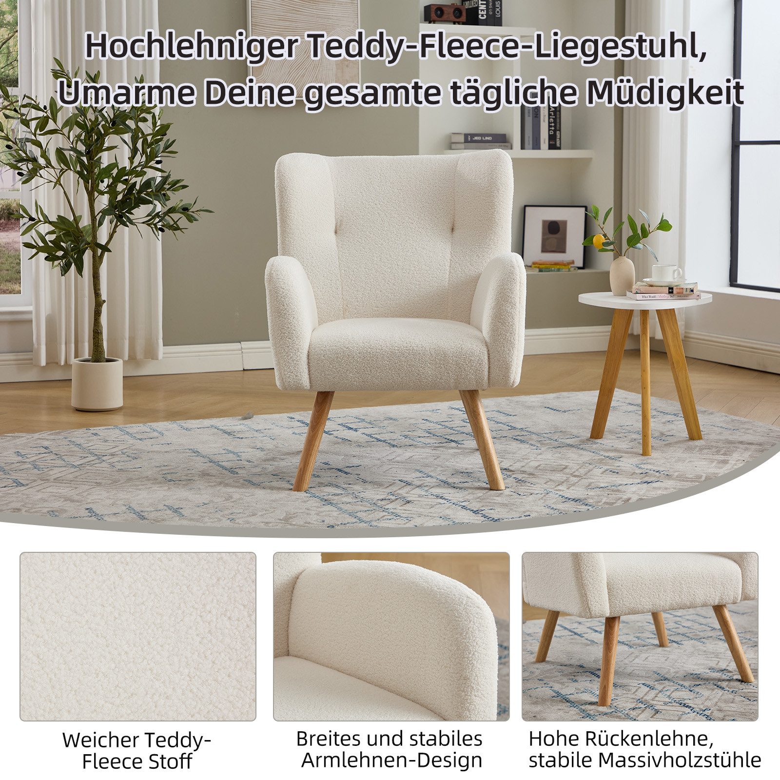 CANMOV Relaxsessel Ohrensessel mit rutschfesten Fußkappen, Einzelsessel, Einzelsessel Wohnzimmer, Lesesessel mit Holzbeinen
