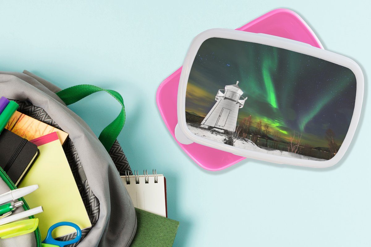 Leuchtturm rosa (2-tlg), Lunchbox Brotbox Nordlichter Norwegen, Kunststoff Snackbox, - MuchoWow - Kinder, Kunststoff, Mädchen, Brotdose für Erwachsene,