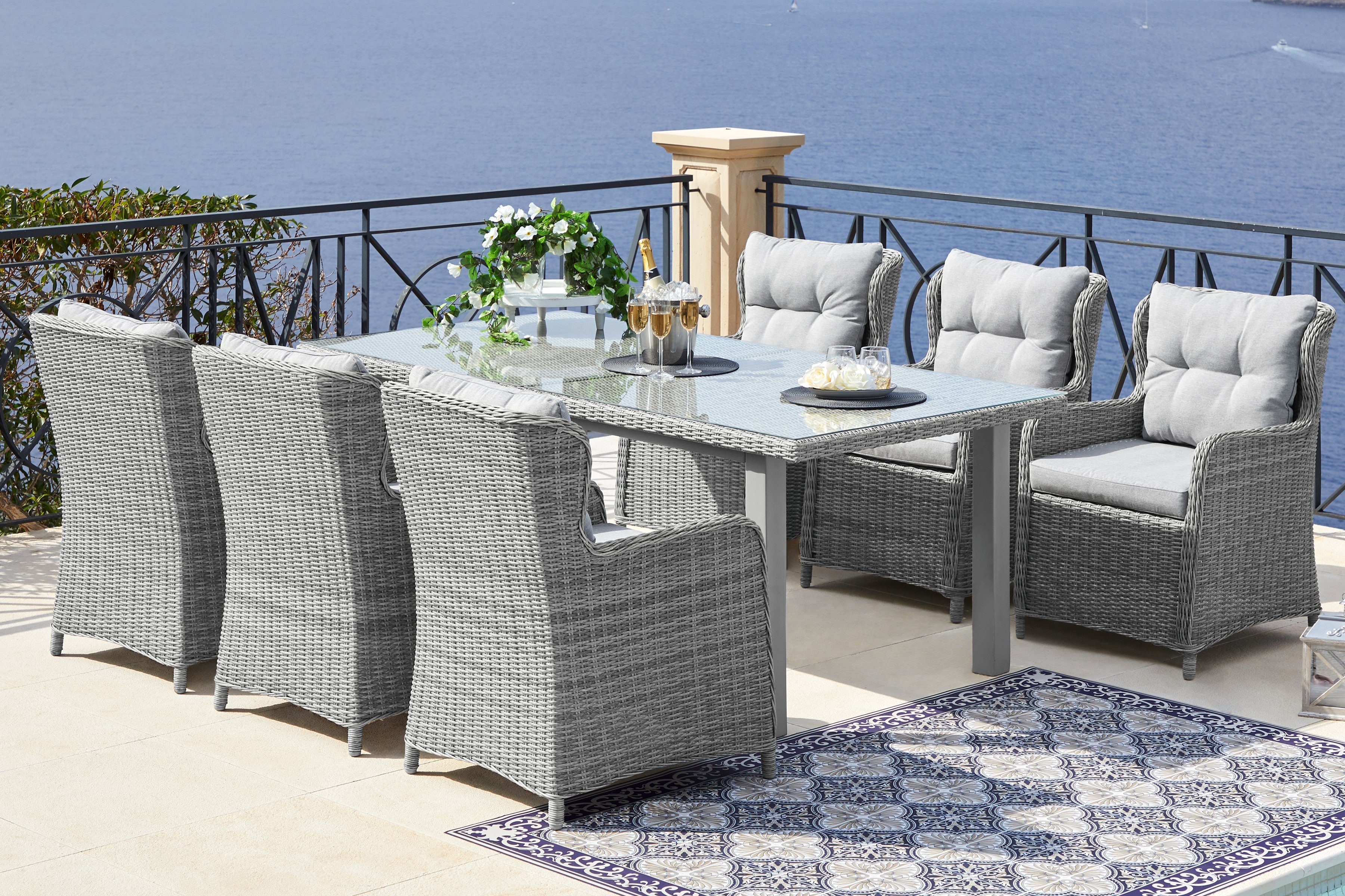 KONIFERA Garten-Essgruppe Seattle, (Set, 19-tlg., 6x Sessel, 1xTisch 170x90 cm, inkl. Auflagen, Polyrattan, Aluminium), Tischbeine aus Kieferholz, Tischplatte aus 5mm starkem Sicherheitsglas