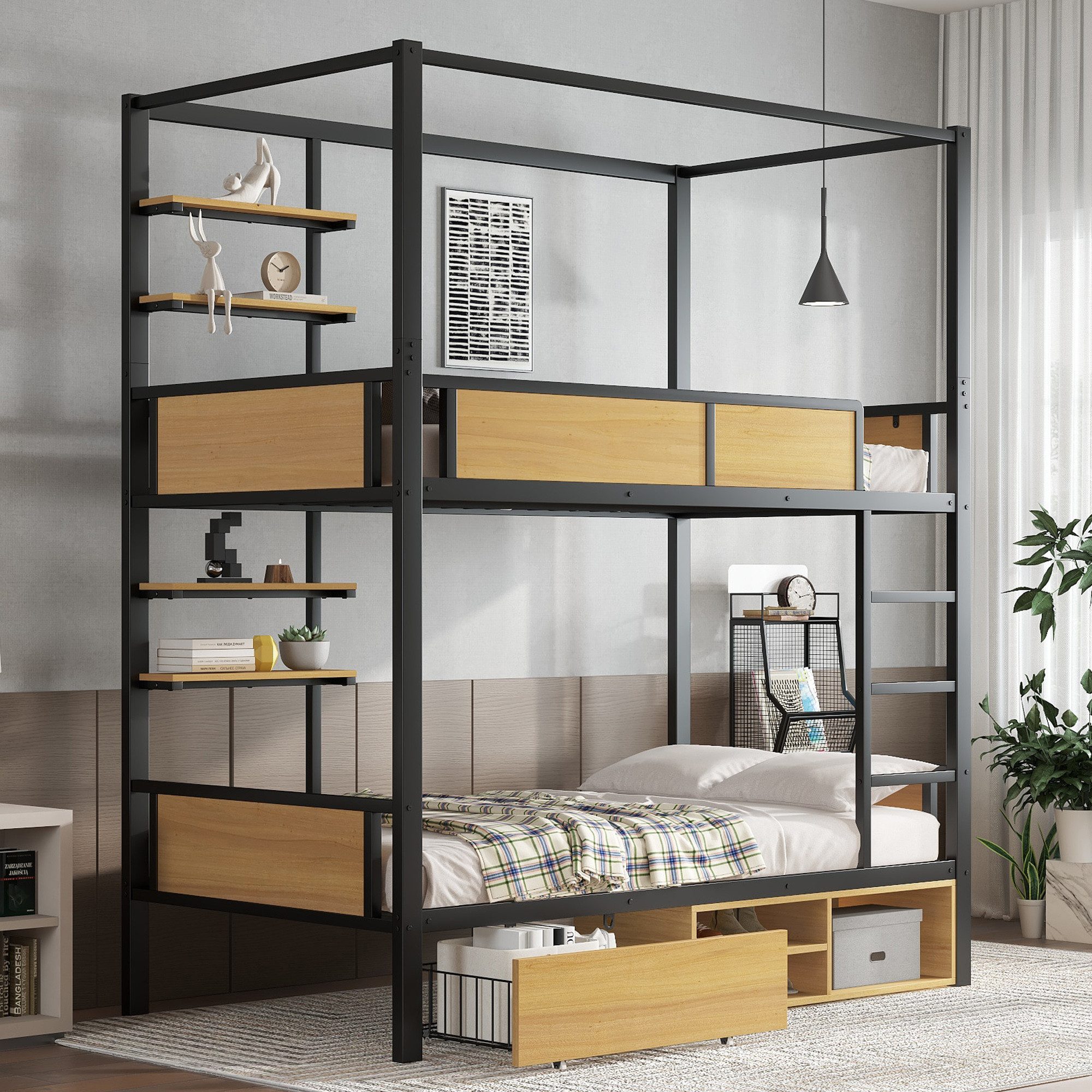 MIBODE Etagenbett Metall-Etagenbett mit Ablageboard und Stauraum, Schwarz-Natur