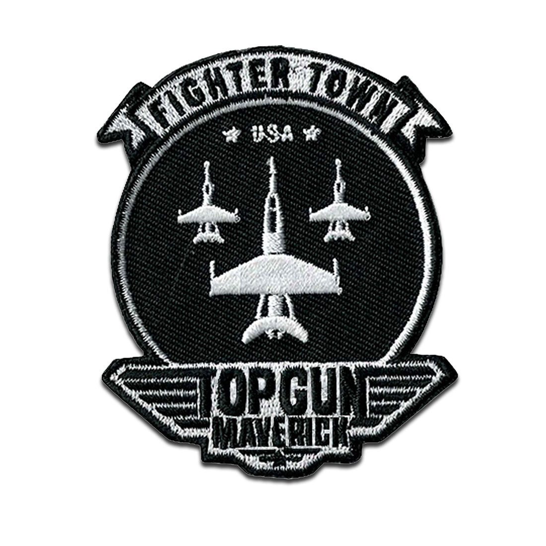 TOP GUN Aufnäher Bügelbild, Aufbügler, Applikationen, Patches, Flicken, zum aufbügeln, Polyester, Comercial Mercera Top Gun Maverick Fighter Town - Größe: 6,8 x 5,6 cm
