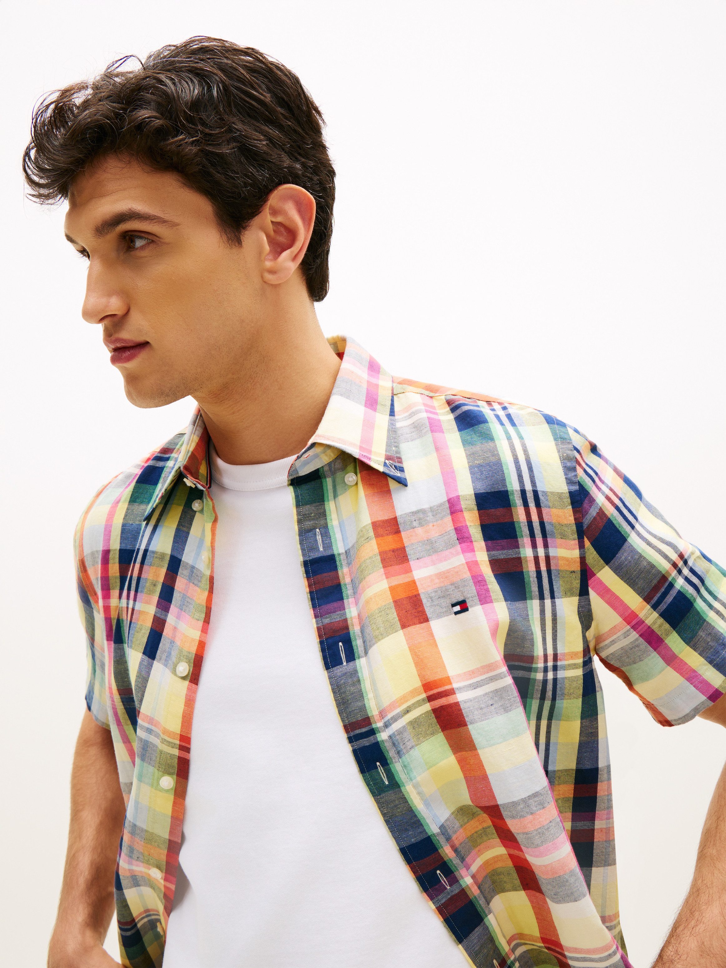 Tommy Hilfiger Kurzarmhemd LINEN BLEND CHECK PLAID regular fit, Button-down-Kragen