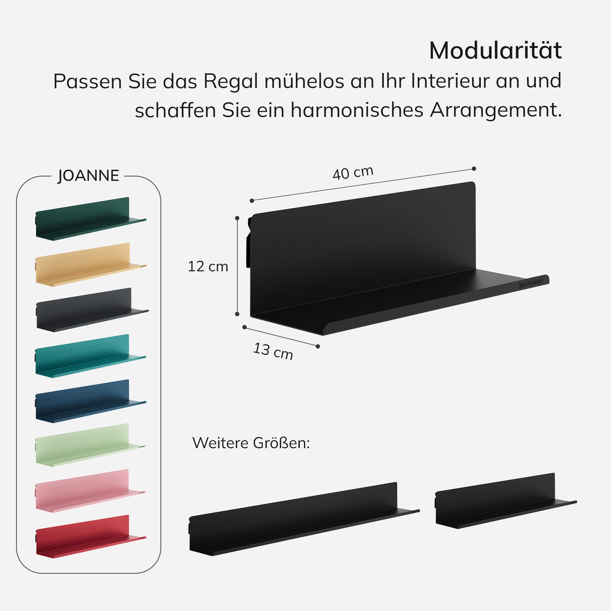 Jan Nowak Wandregal Wandregal JOANNE 40 cm Stahl verstecktes Befestigungssystem, Stahl 1,1 mm kaltgewalzt pulverbeschichtet 40 x 15 x 15 cm, Hängeregal abgerund – Bild 4 von 5