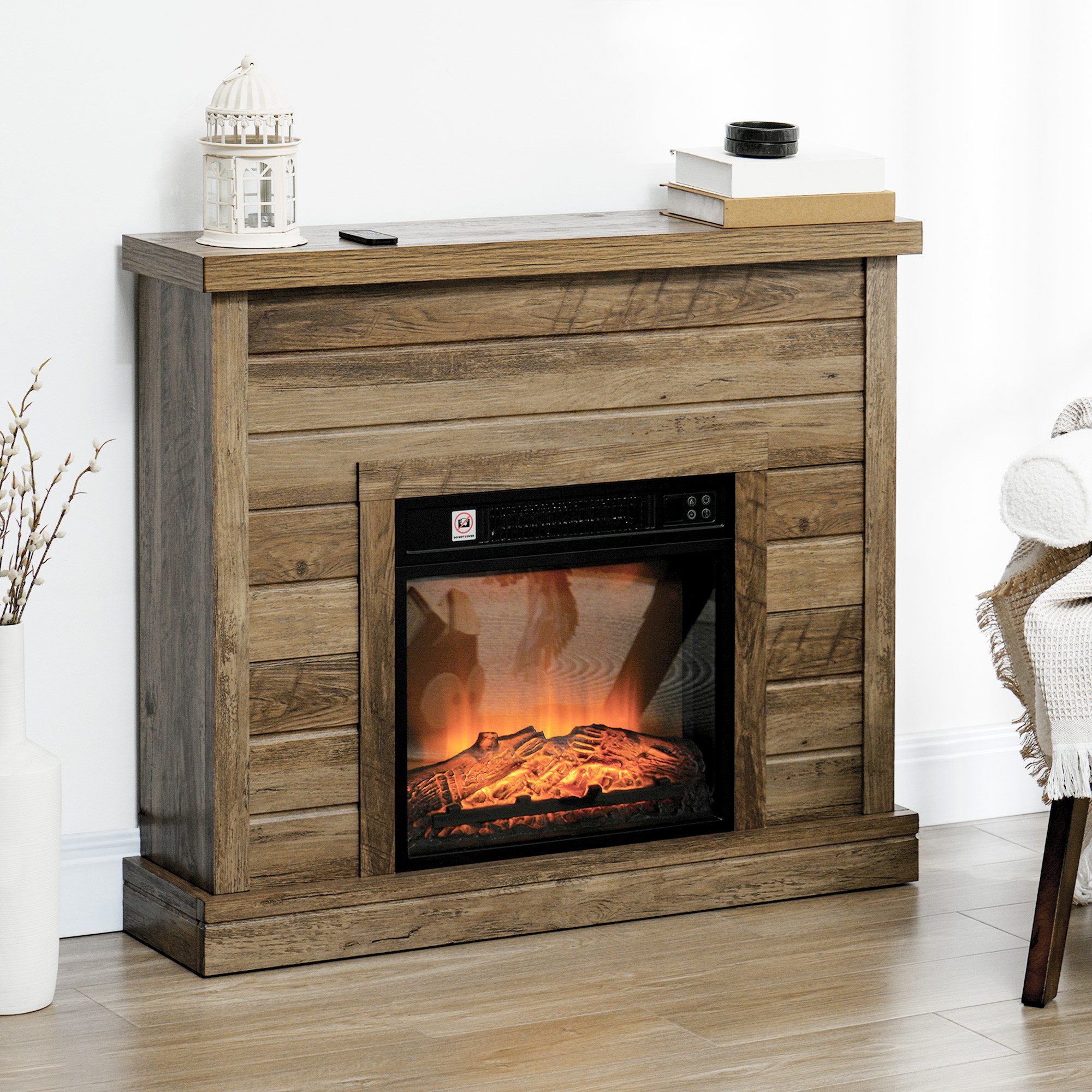 HOMCOM Elektrokamin Elektrokamin, Dekokamin mit Timer, 1800W, Thermostat, Naturholz, Überhitzungsschutz, Naturholz