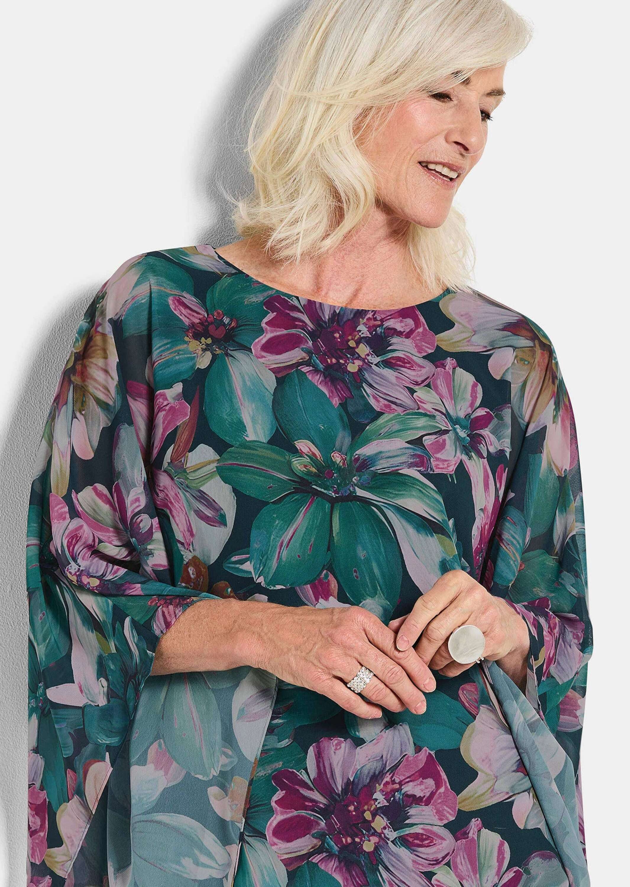 GOLDNER Tunika Elegantes Blusenshirt, florales Design Jerseyshirt mit Chiffon-Überwurf, U-Boot-Ausschnitt und 3/4-Arm