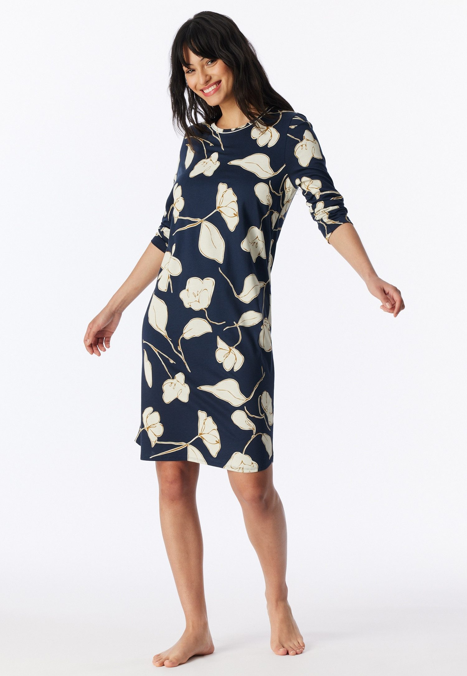 Schiesser Nachthemd Comfort Nightwear florales Muster, langärmelig, Single-Jersey, Rundhalsausschnitt