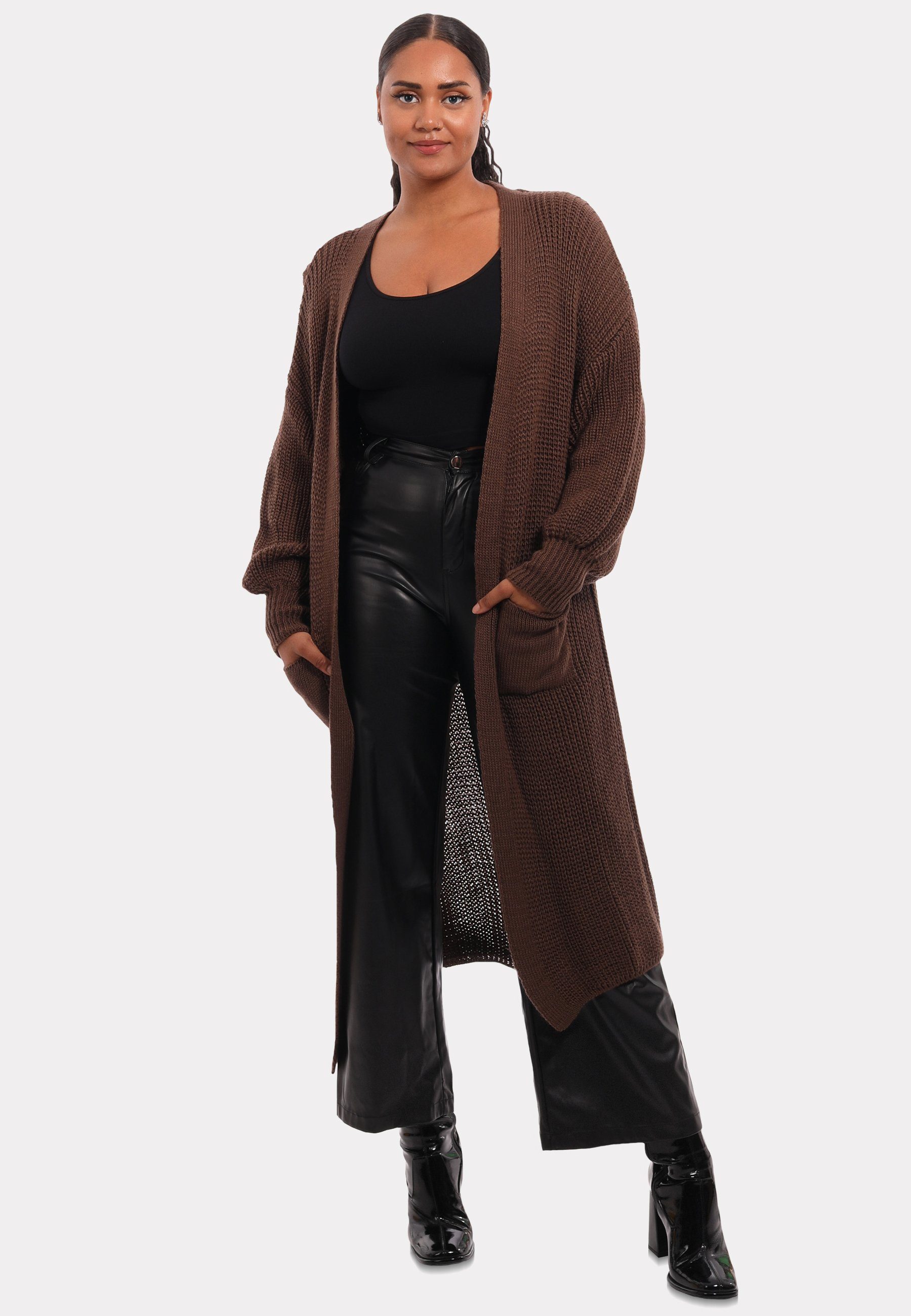 Style in Strickjacke Fashion mit Cardigan braun Verschlusslos YC Unifarbe, & Taschen aufgesetzten Cardigan Basic