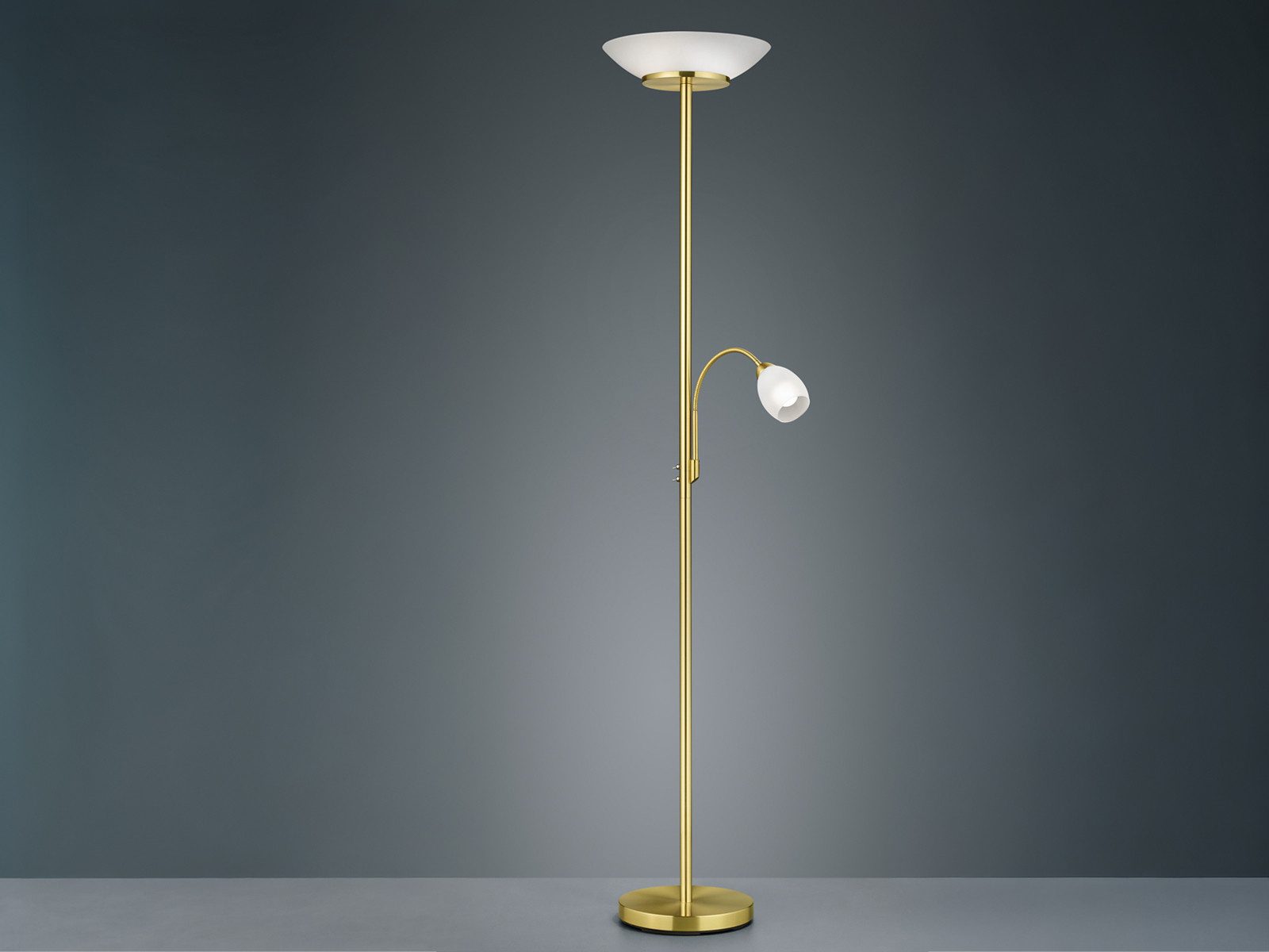 Reality Leuchten LED Deckenfluter, Lesearm, LED wechselbar, Warmweiß, groß 180cm, mit Flex Leselampe, Steh-Lampe Messing Lampenschirm Glas