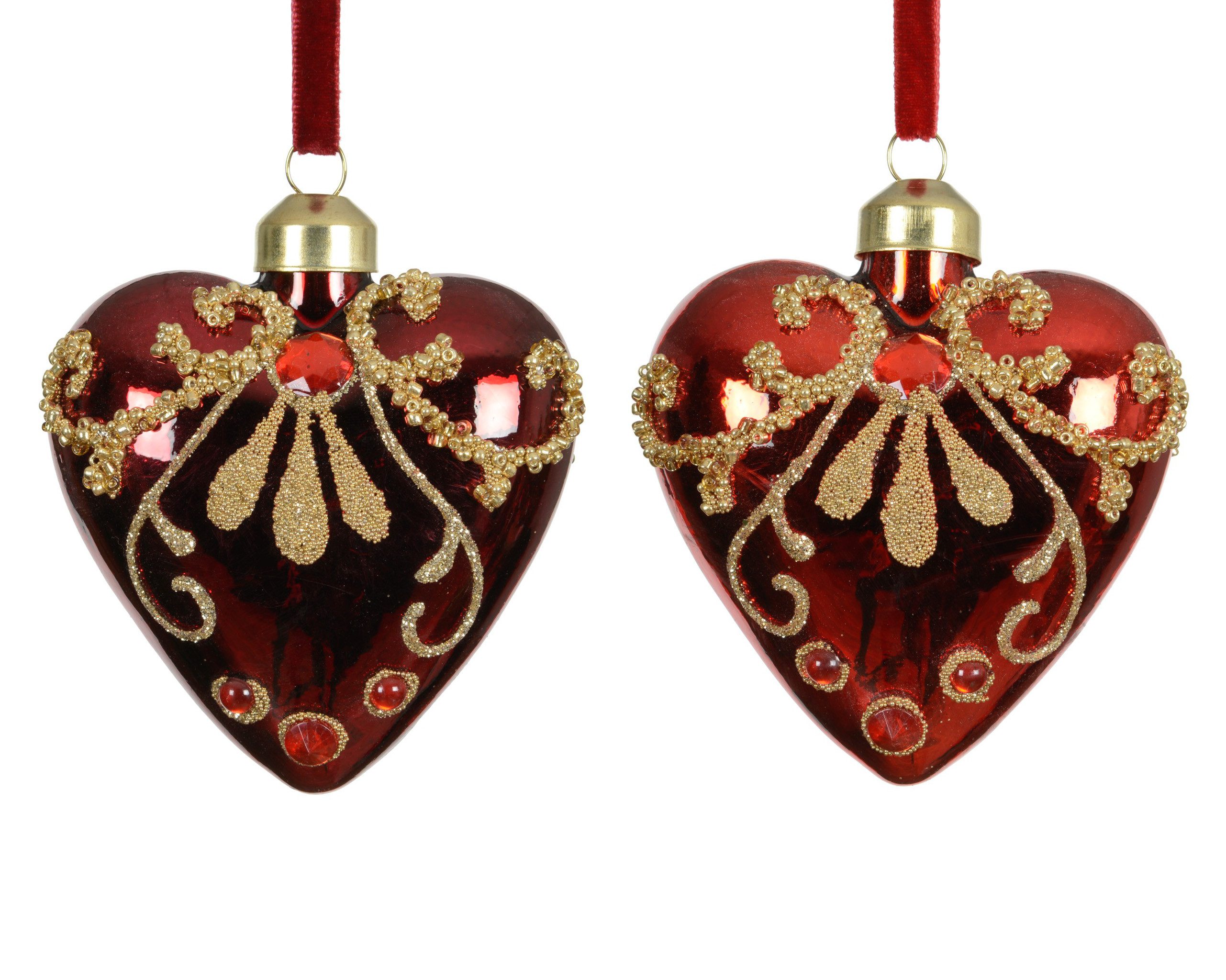 Kaemingk Christbaumschmuck, Christbaumschmuck Glas 8cm Herz Figur 2er Set Rot / Gold