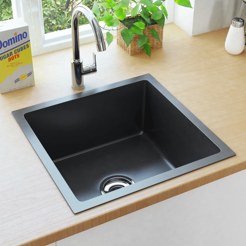 vidaXL Küchenspüle 44 x 44 x 20 cm Küche Spülbecken Massive Einbauspüle mit Sieb Schwarz, 44/44 cm