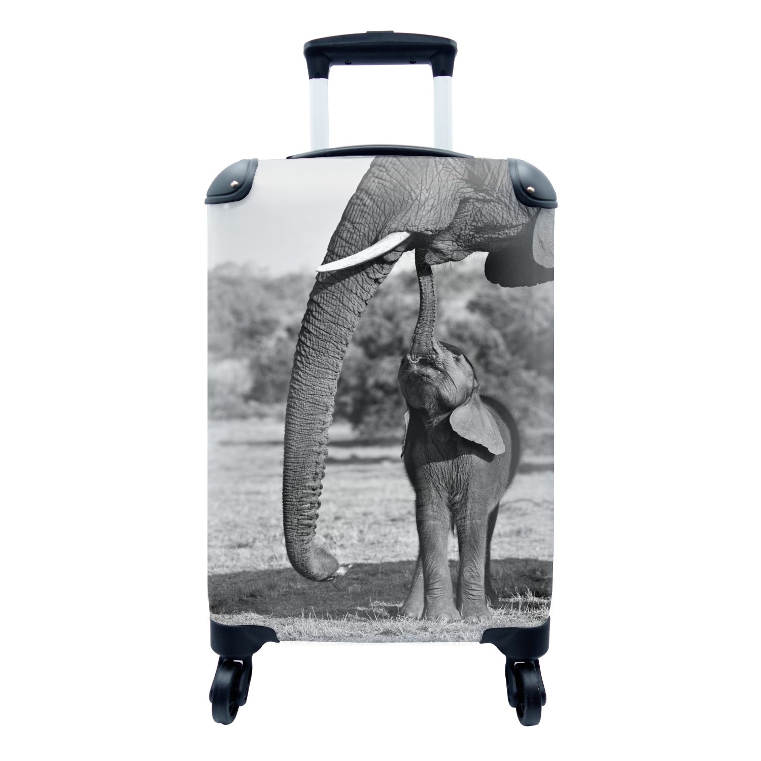 MuchoWow Handgepäckkoffer Elefantenbaby kommuniziert mit der Mutter - schwarz-weiß, 4 Rollen, Reisetasche mit rollen, Handgepäck für Ferien, Trolley, Reisekoffer