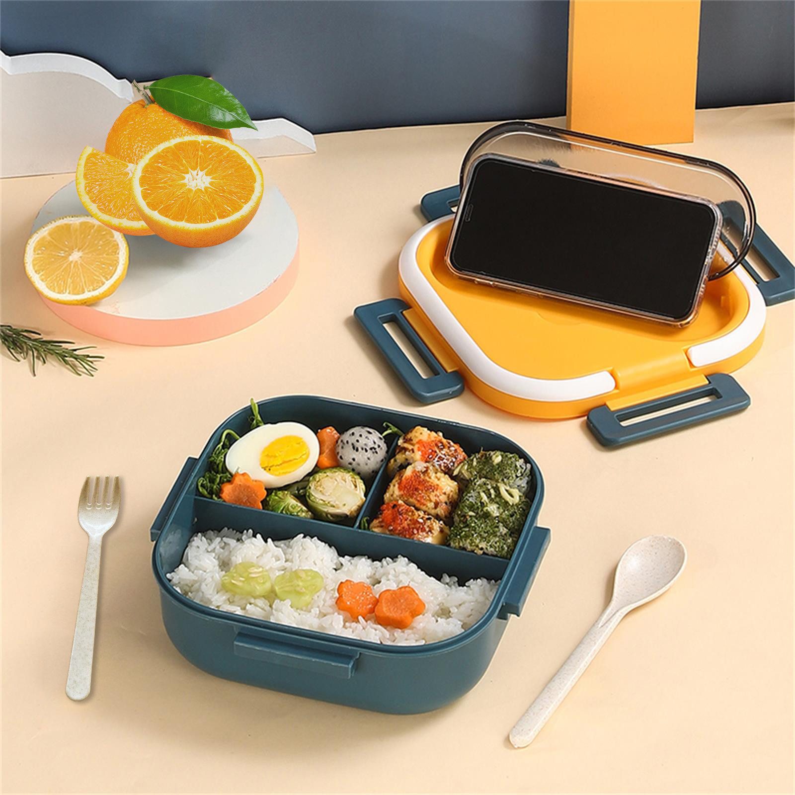 Fine Life Pro Lunchbox Bento-Box mit Gabel & Löffel,1300ml Essbox aus Lebensmittelsicherem PP, Mehrfachfächer, Leckdicht,Tragegriff, Ideal für Arbeit/Schulessen