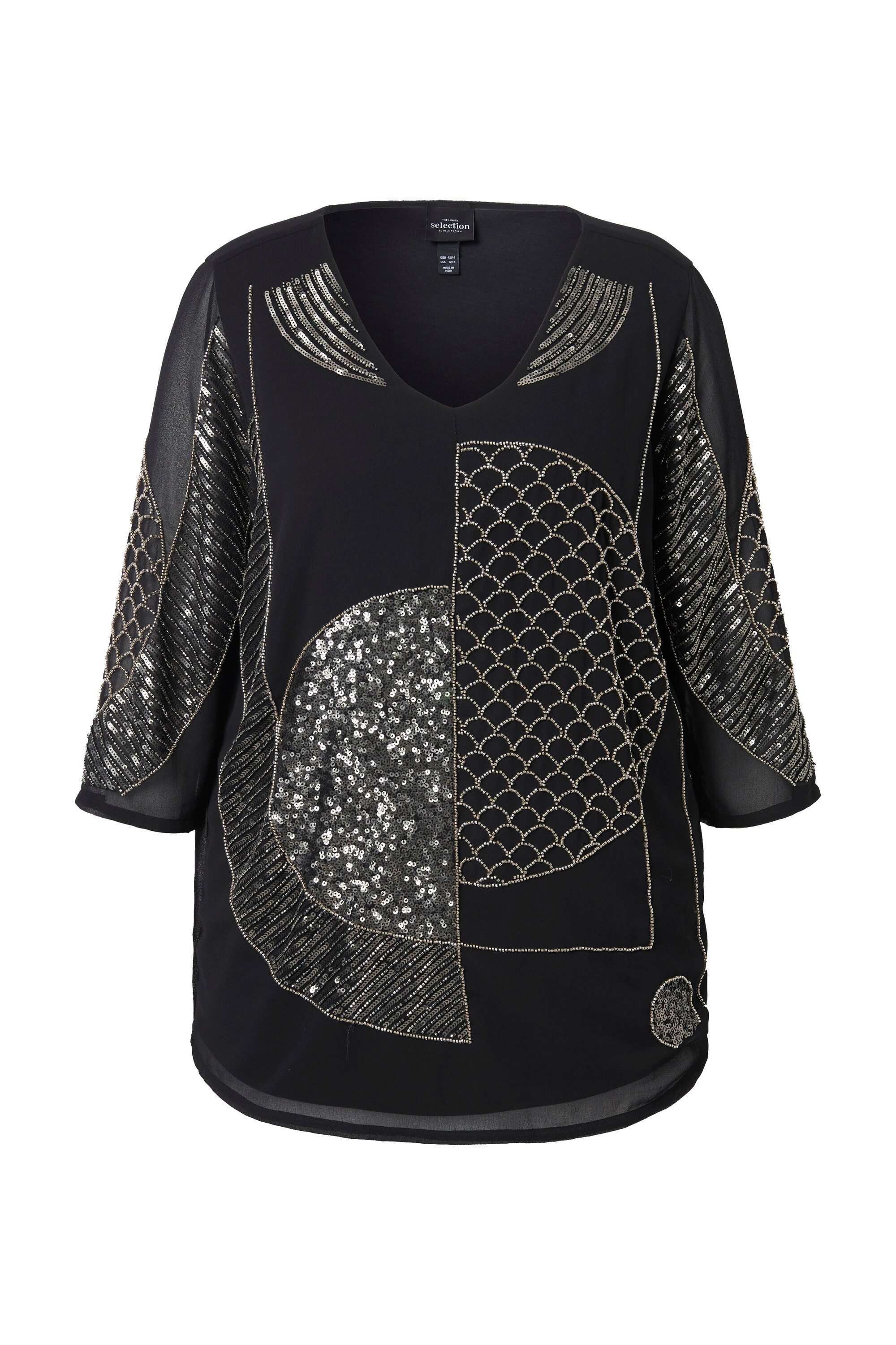 Ulla Popken Longbluse Chiffon-Bluse Pailletten/Perlen V-Ausschnitt günstig online kaufen