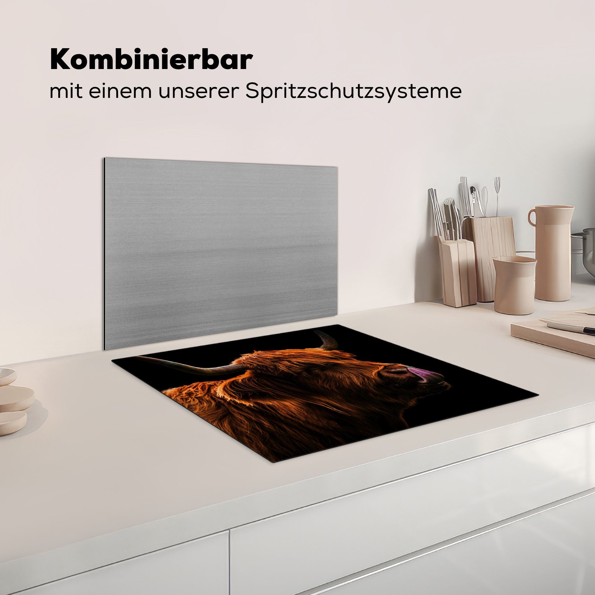 MuchoWow Herdblende-/Abdeckplatte Schottischer Highlander die Vinyl, Nase, Induktionsmatte Ceranfeldabdeckung 59x52 tlg), - Zunge (1 küche, für cm, 