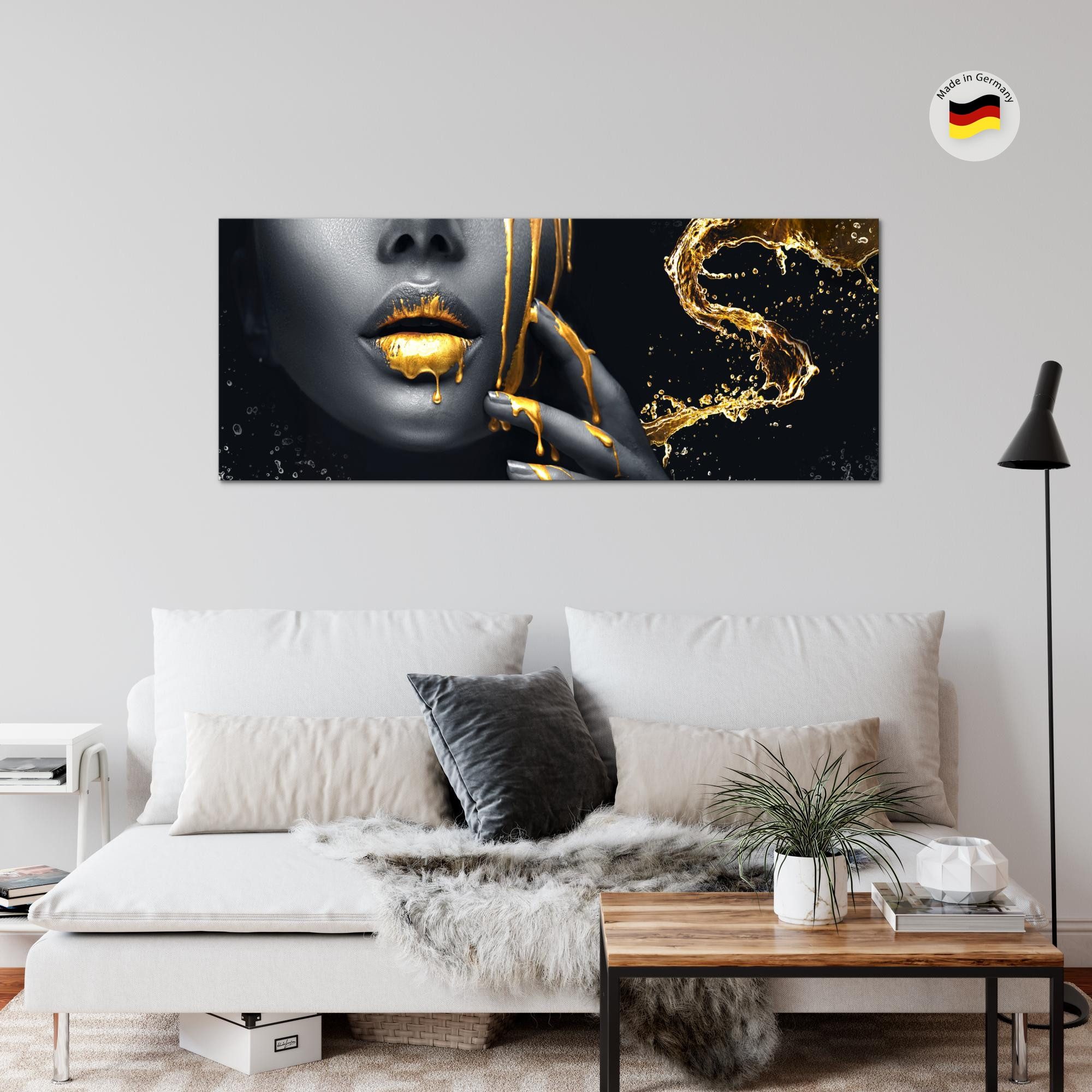 Runa Art Wandbild Schwarz Gold Wohnzimmer Deko Bild Frau Fashion, Lippen – Bild 4 von 5