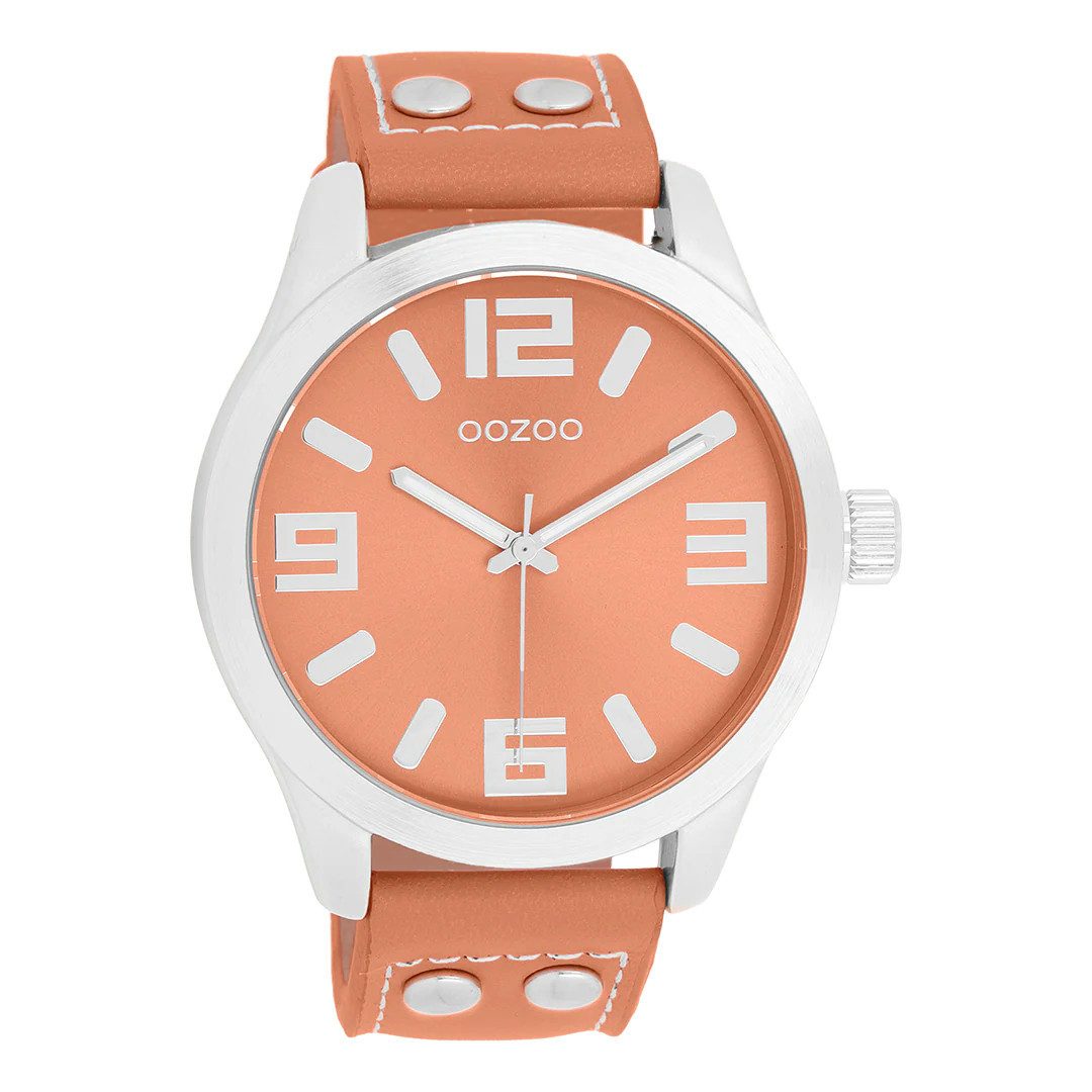 OOZOO Quarzuhr C11550, 46 mm – Armbanduhr mit orangefarbenem Zifferblatt & Lederband, trendiger Oversize-Look