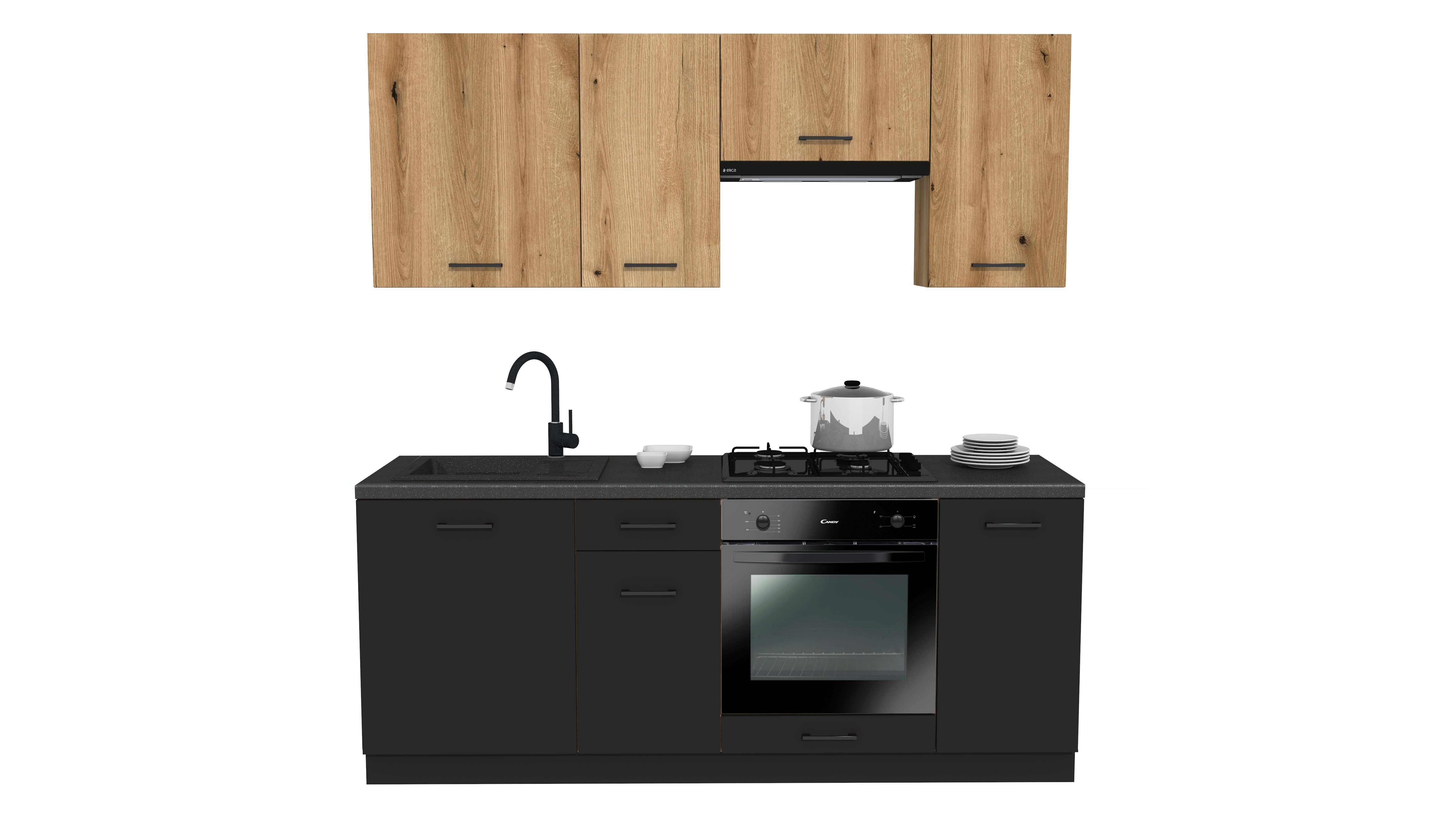 ROYAL24_MARKT Küchenzeile - SIMPLY Z5 200 cm - Eiche / Schwarz Matt, (Komplett Set), Top Stoffe - Exklusiv - Hochwertig